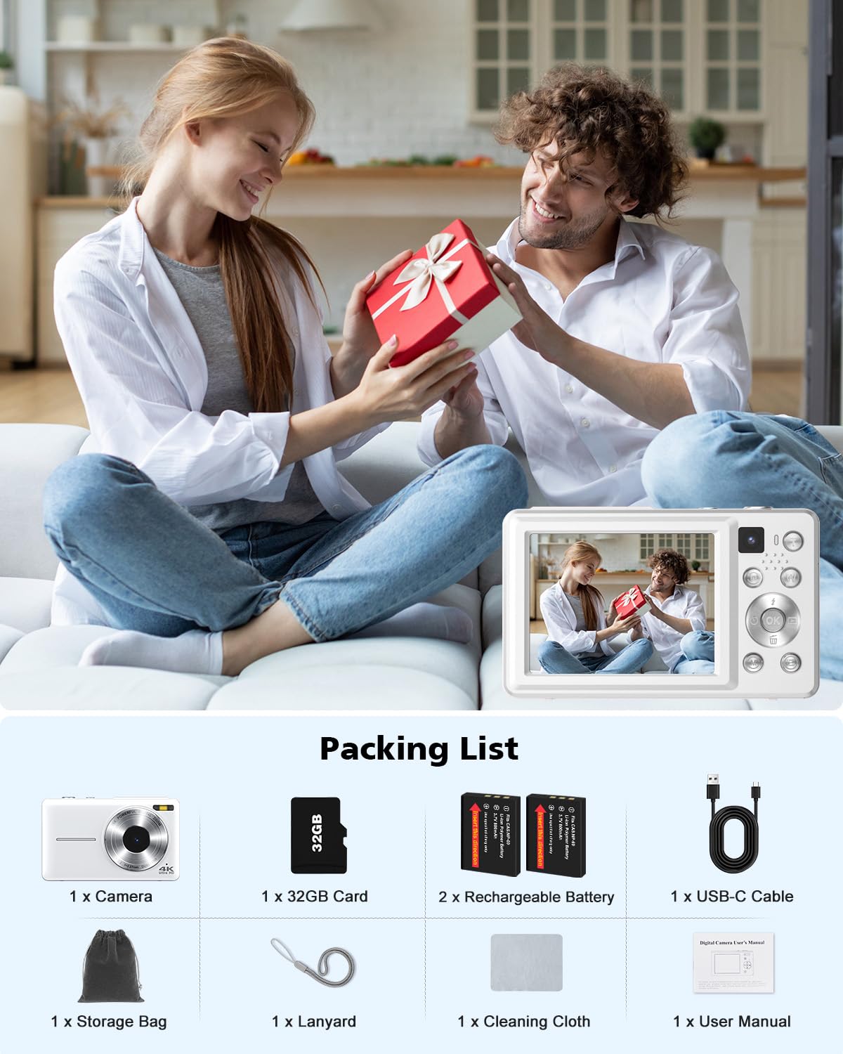 YAXTIFIU 4K Digital Camera, 64MP Autofocus Vlogging Camera with Front Rear Lens, Flash, 16X Zoom, Anti-Shake, 32GB Card, Compact Point Shoot Camera for Teens Adult Beginner Travel Photography(White)
