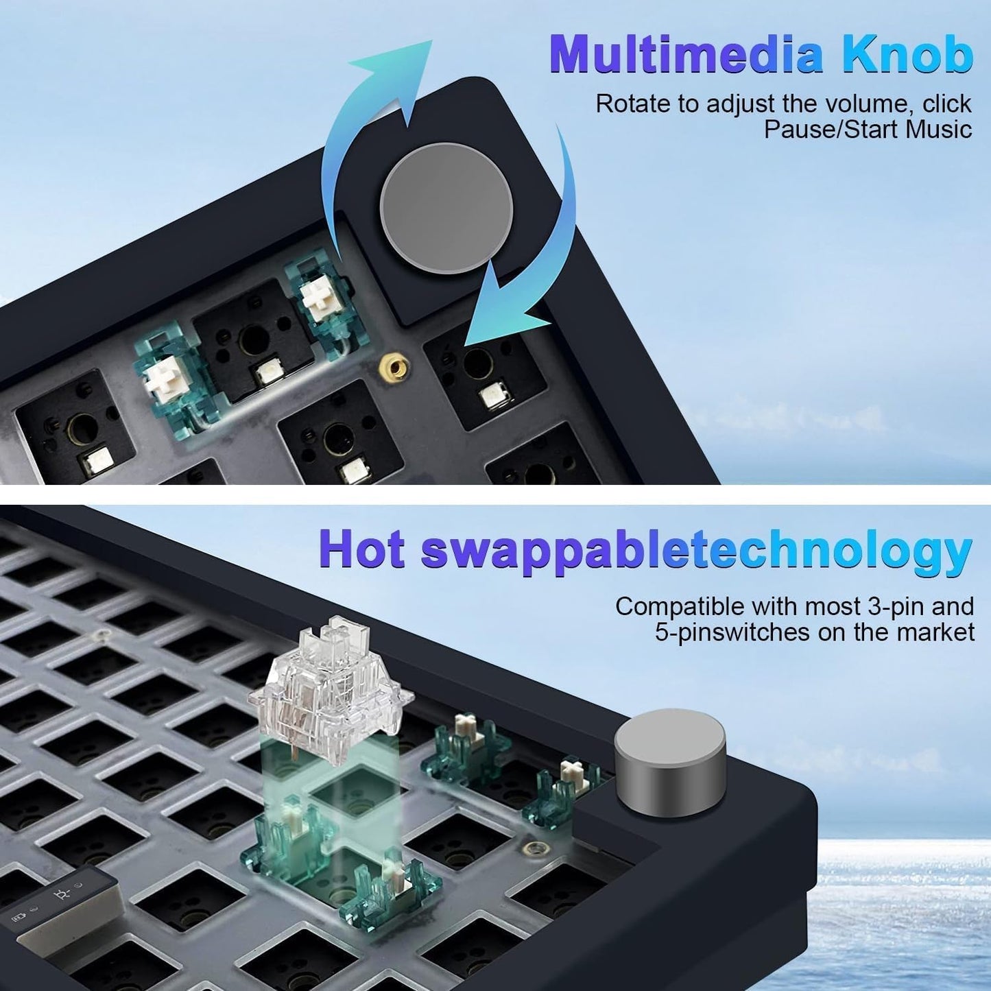 ZMX GMK67 Keyboard Barebones Kit,Hot-Swap PCB Bluetooth 5.0/2.4G/Type-C Tri-Mode 65% Mini Custom RGB Wireless Mechanical Keyboard with Knob Gasket Mount Programmable Gaming Keyboard DIY Kit (Black)
