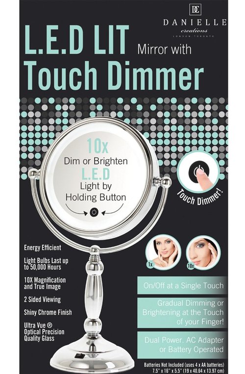 Danielle Creations 8.5-Inch LED Standing Lighted Two-Sided Makeup Mirror With Touch Activation & Dimmer, 10X Magnification