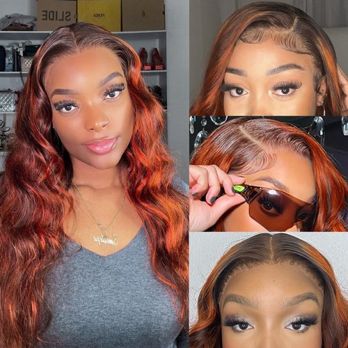 LAINSS 13x4 Highlight Ombre Lace Front Wig Human Hair Ginger Brown Body Wave HD Transparent Lace Frontal Wigs Pre Plucked Human Hair for Women P4/350 Colored Lace Front Wigs 180% Density 20Inch