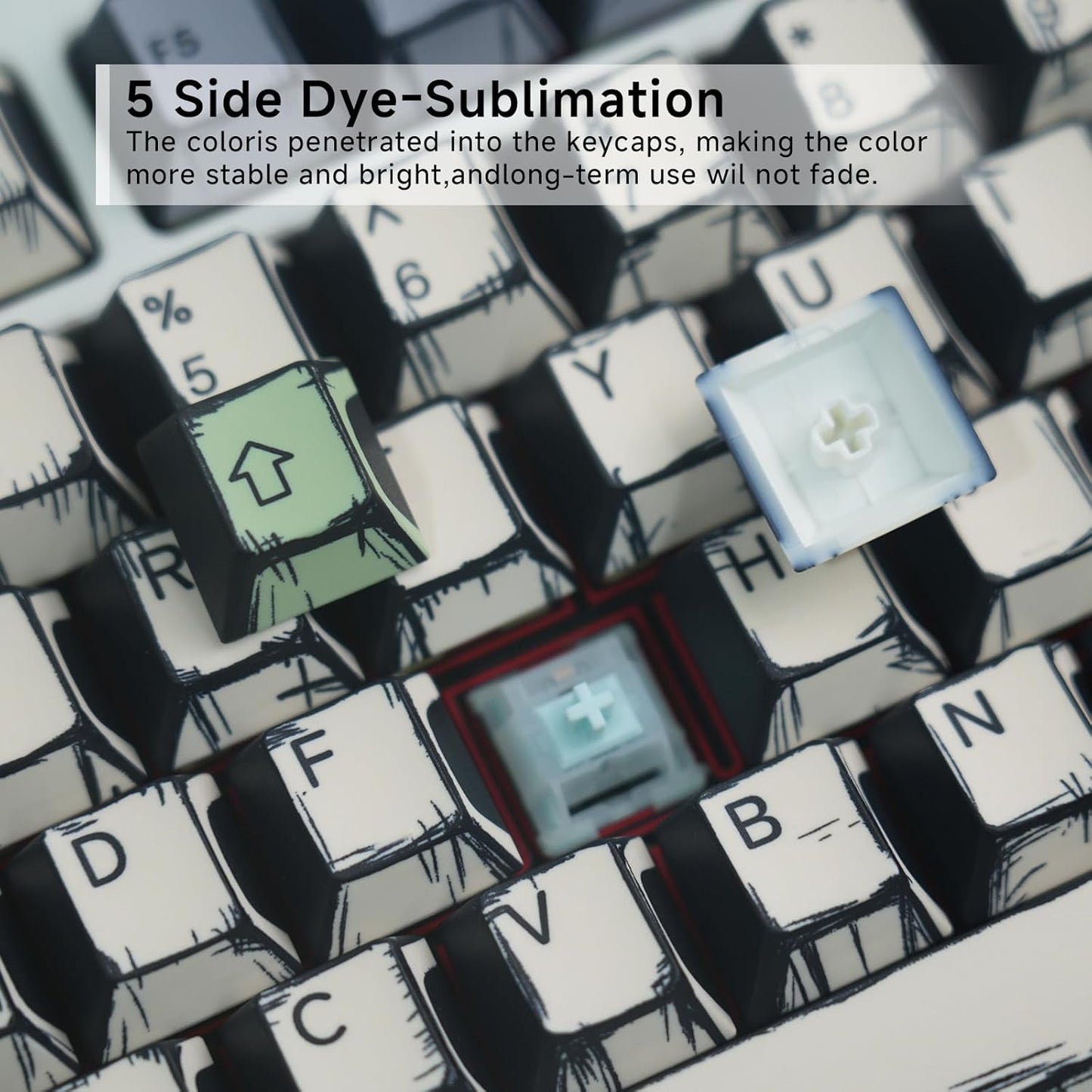 Anime PBT Keycaps,Japanese Manga Cherry Profile Custom Keycaps Set 60 65 75 100 Percent,5 Side Dye Sublimation 137 Keys Set for Cherry Gateron MX Switches Keyboards,Black and White