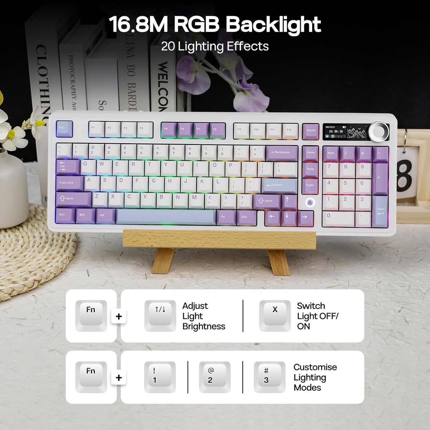 AJAZZ AK980 96% USB-C/BT5.0/2.4GHz Wireless Gaming Keyboard with 1.14’’ TFT Screen, Hot Swappable Creamy Mechanical Keyboard with FR4 Plate, Knob, RGB for Win/Mac (White, Gift V2 Switch)