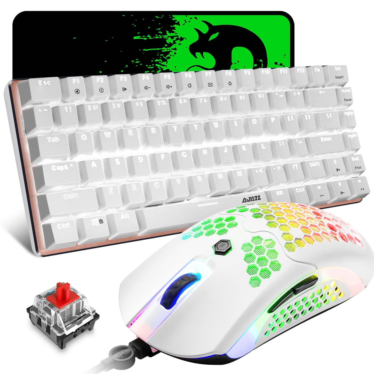 80% Mechanical Gaming Keyboard and Mouse,3 in 1 Gaming Set,White LED Backlit Keyboard Red Switch,RGB Backlit 12000 DPI Lightweight Gaming Mouse with Honeycomb Shell,Mouse Pad for PC Gamers