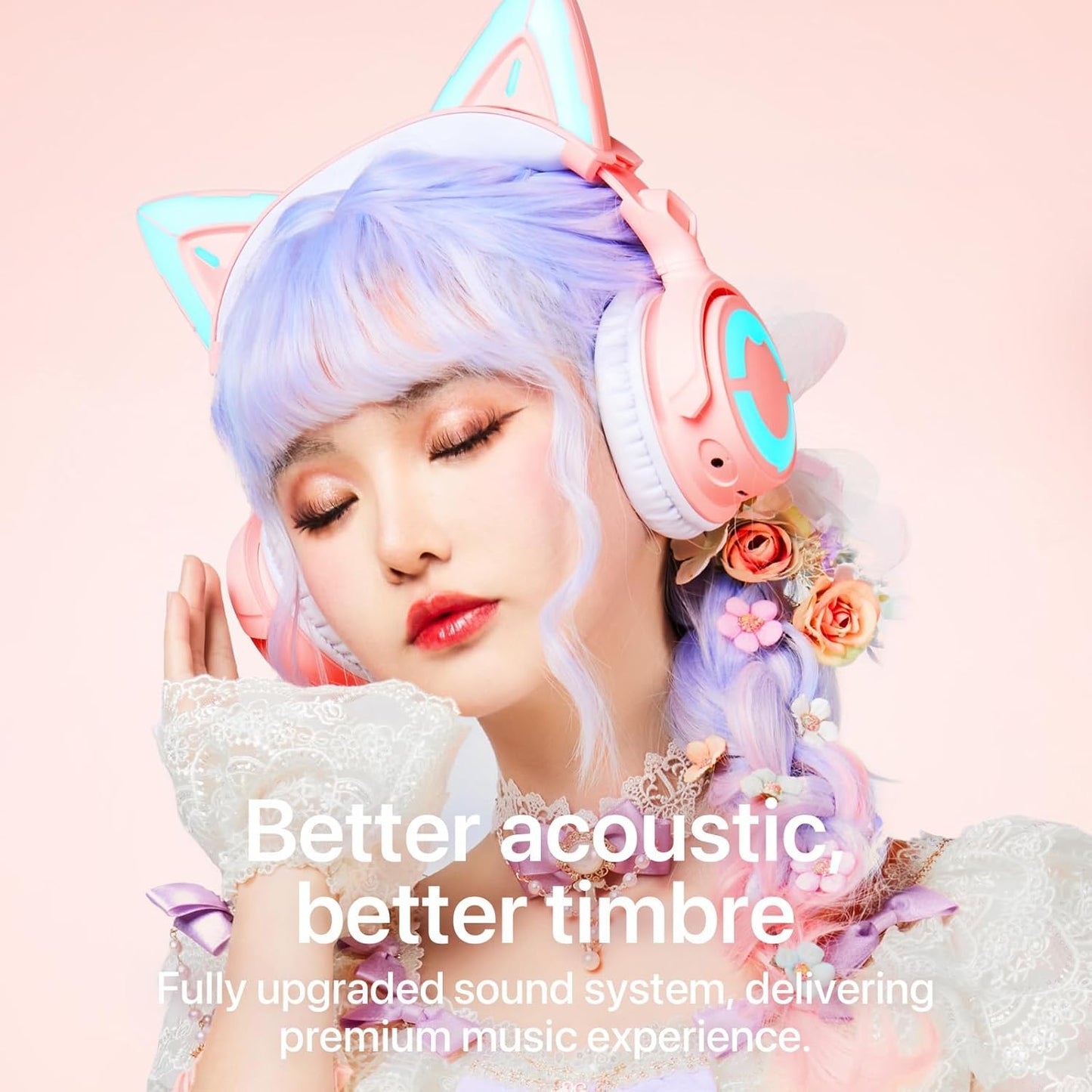 YOWU RGB Cat Ear Headphone 4, Upgraded Wireless & Wired Gaming Headset with Attachable HD Microphone -Active Noise Reduction, Dual-Channel Stereo & Customizable Lighting and Effect via APP (Pink)