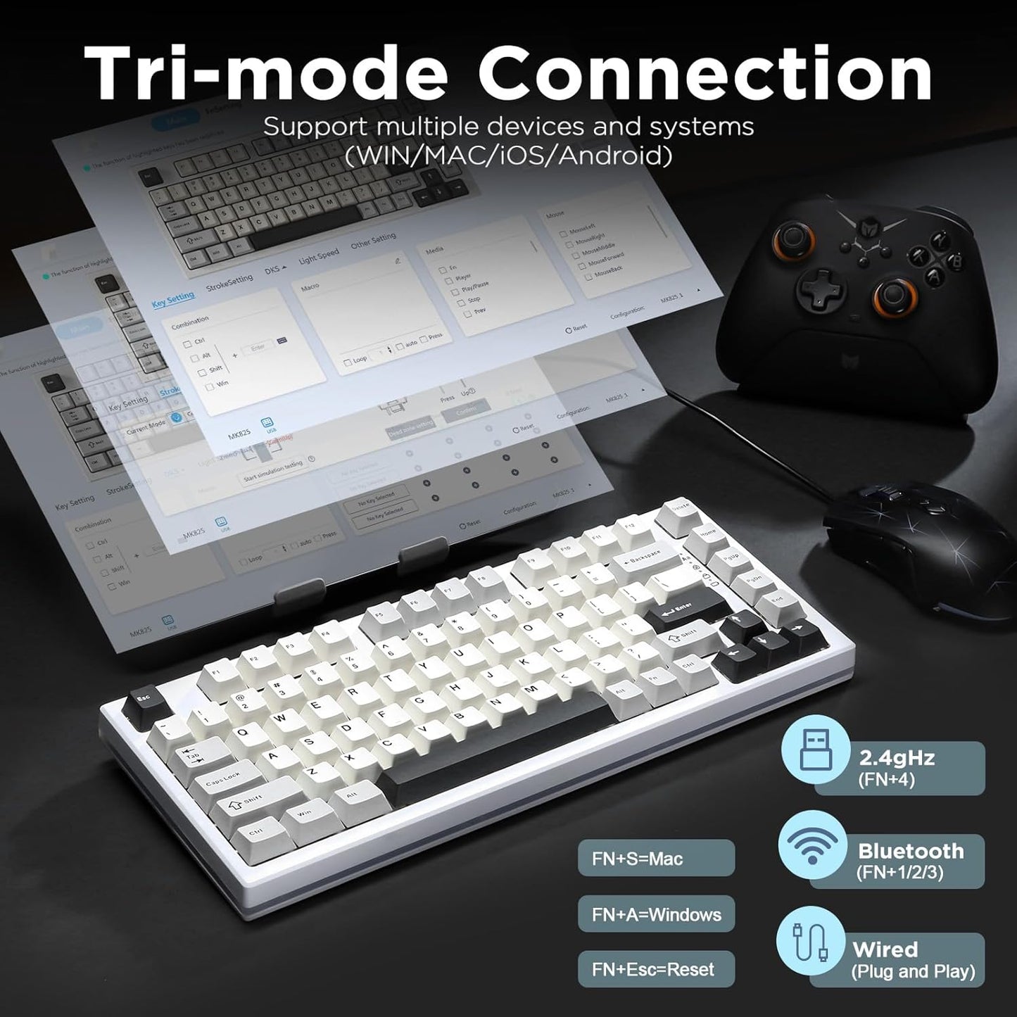 YUNZII RT80 Rapid Trigger Hall Effect Magnetic Gaming Keyboard, 8K Polling Rate, 75% Layout,BT/2.4GHz/Wired,RGB Backlit,Hot Swap,Adjustable Actuation Wireless for Win/Mac(Black, Gateron White)