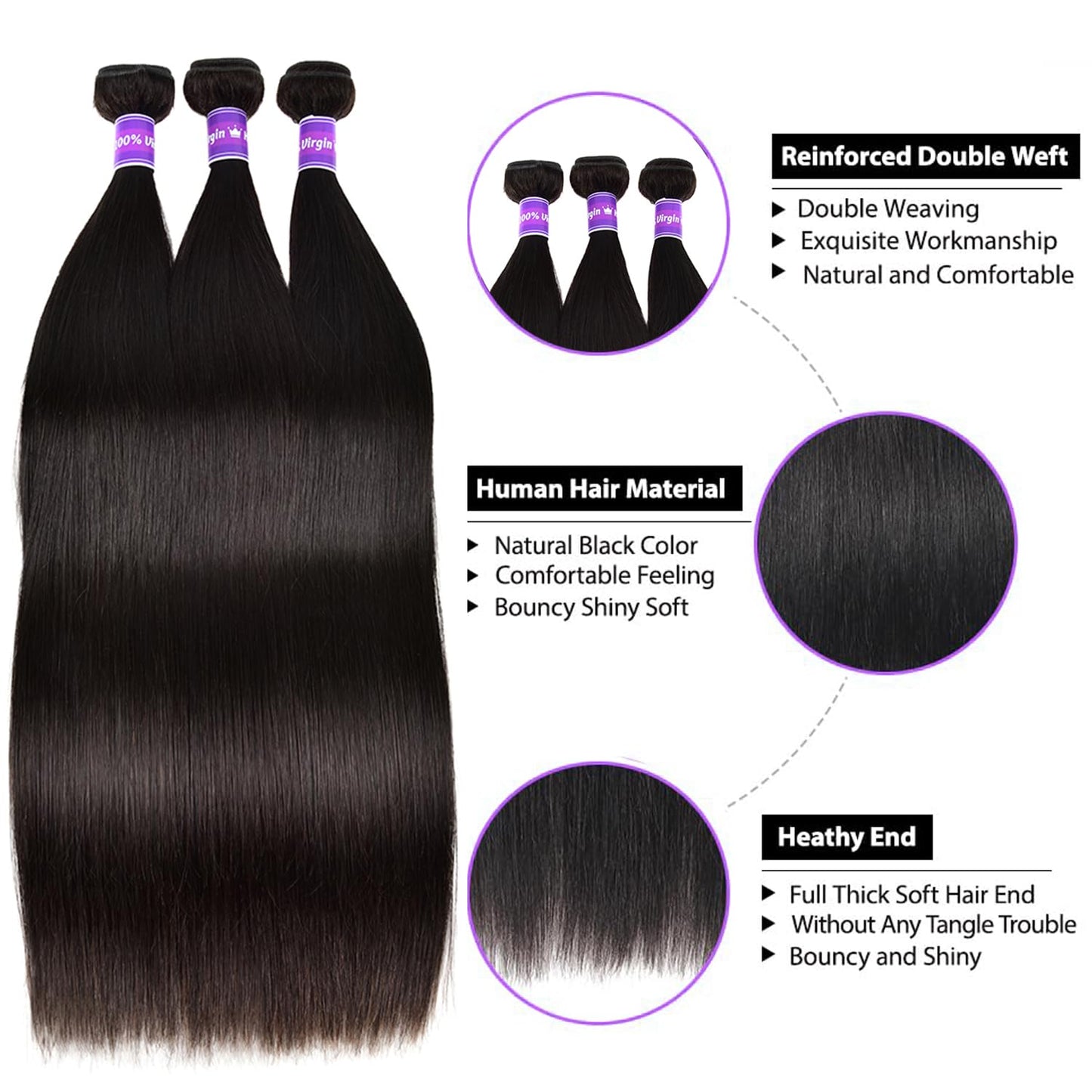 10A Human Hair Bundles 26 28 30 Inch Straight 3 Bundles Human Hair Brazilian Virgin Hair Weave Bundles Human Hair Extension 100% Unprocessed Weave Bundles Double Weft Natural Black
