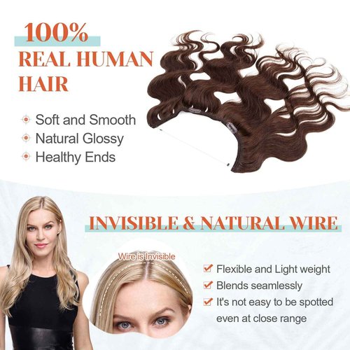 Benehair Halo Hair Extensions Real Human Hair, Brown Halo Hair Extension 100% Human Hair, Wavy Halo Extensions Human Hair, Curly Hair Halo Extensions, Wire Hair Extension, Medium Brown 75g/20Inch