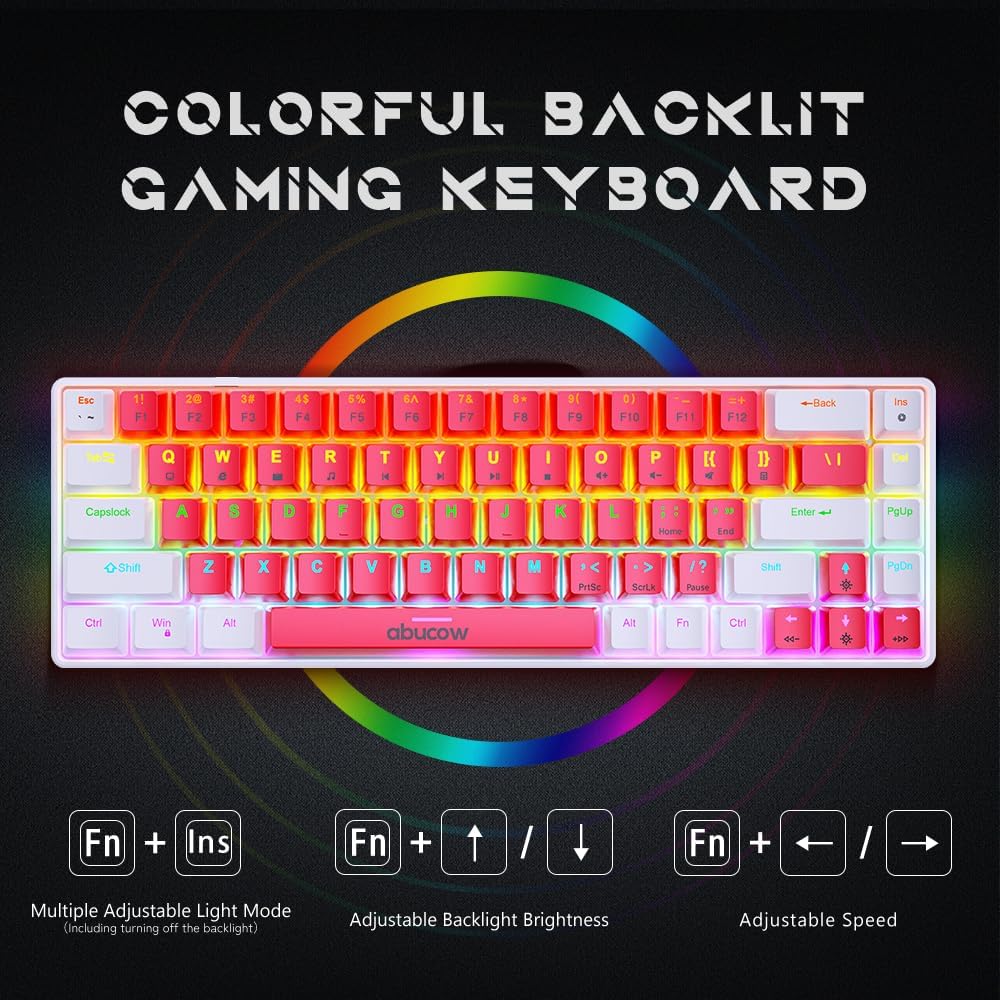 abucow 60% Mechanical Keyboard with Colorful Backlight 68-Key Gaming Keyboard Red White Keycaps - Red Switches for a Premium Typing and Gaming Experience PC Mac (Red-White)