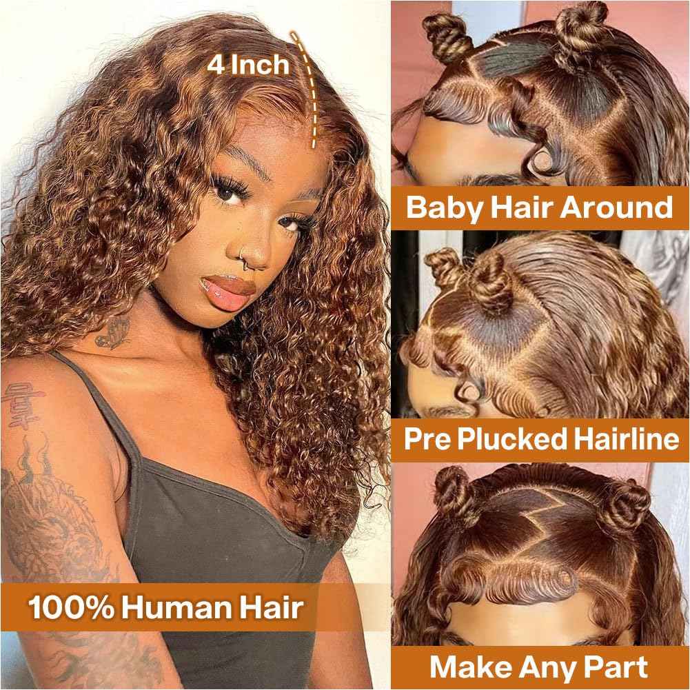 HIRIREMY Curly Bob Wig Human Hair Deep Wave 13x4 HD Lace Front Wigs For Black Women Human Hair Pre Plucked Wear And Go Glueless Short Wet And Wavy Ombre Honey Blonde Highlight Color 4/27 16 Inch