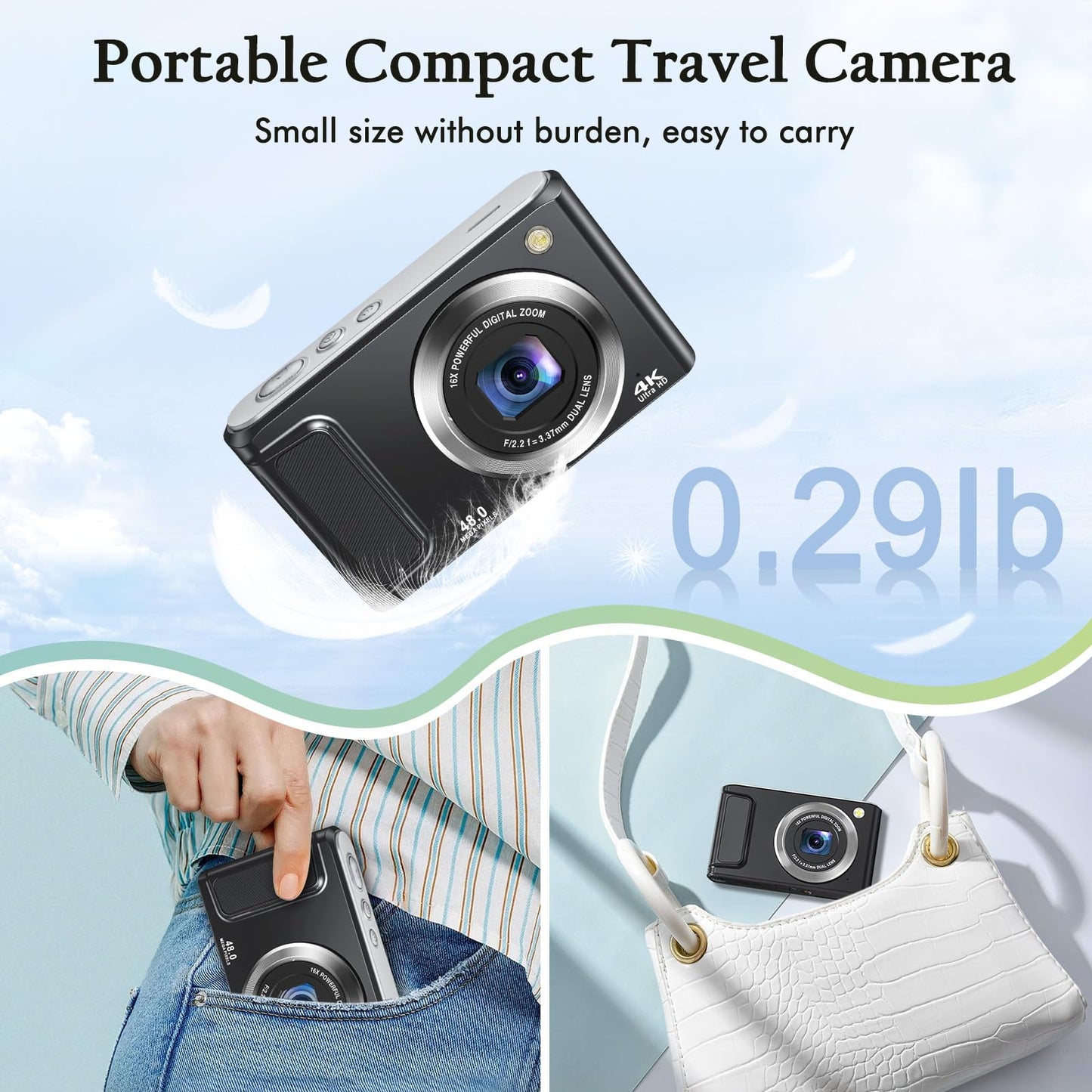 4K Digital Camera for Photography with Front and Rear Lens,48MP Autofocus Vlogging Camera with Flash,Anti-Shake & 16X Zoom for Teens,Adults