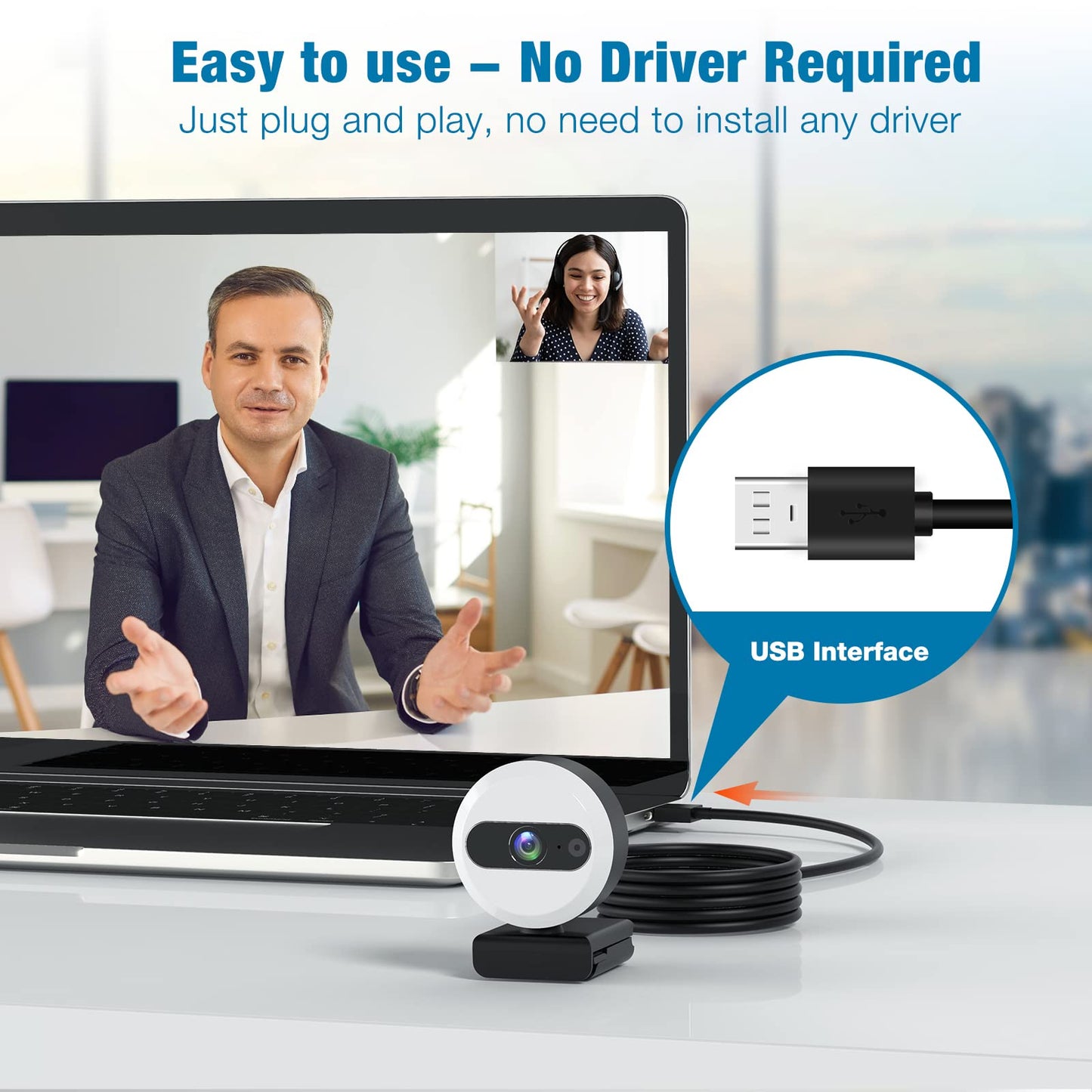2K Webcam with Light and Tripod, Full HD PC Camera Built-in Privacy Cover, 360° Rotation, Adjustable Brightness, Plug and Play USB Computer Webcam for Meeting, Live Streaming, Video Calls, Gaming