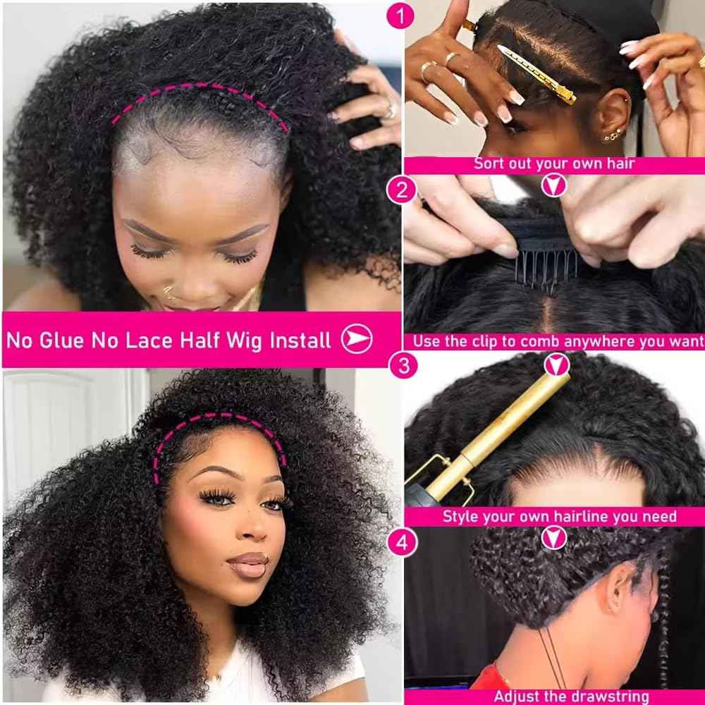 Kinky Curly Half Wig Human Hair 200% Density 3 In 1 Seamless Clip Ins Flip Over Half Wig Wear and Go Glueless Wigs Human Hair for Women Drawstring Headband Wig Beginner Friendly (Black, 20 Inch)