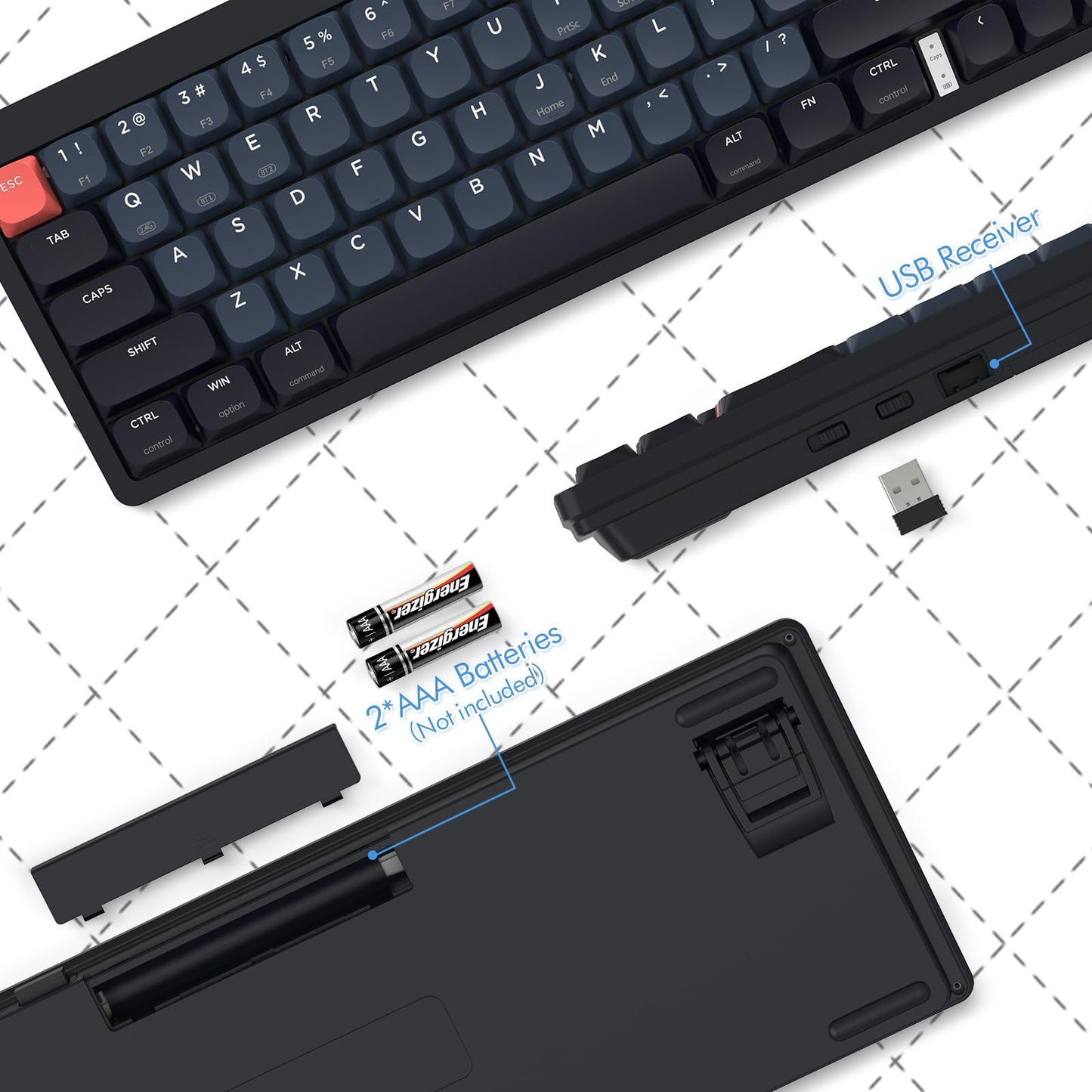 A.JAZZ AKL680 65% Low Profile Wireless Mechanical Keyboard, BT/2.4Ghz Dual Mode 68 Keys Gaming Keyboard with Ultra-Thin Red Switches for PC/Laptop/Windows/Mac(Black/Blue)