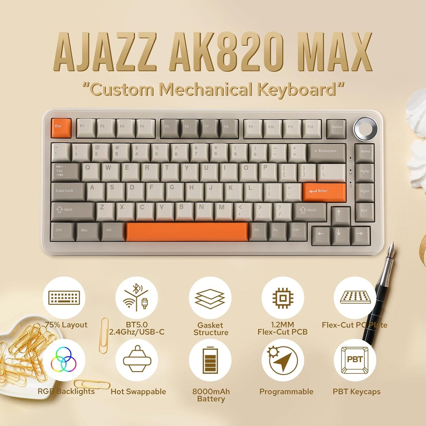 AJAZZ AK820 MAX Upgraded 75% Gasket Mechanical Keyboard, BT5.0/USB-C/2.4GHz Wireless Gaming Keyboard with 8000mAh Battery, Flex-Cut PCB, PC Plate, RGB for Win/Mac (Retro White)