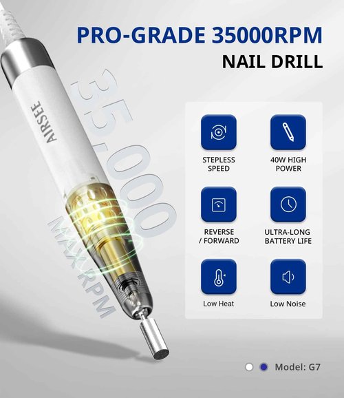 AIRSEE Updated Professional Nail Drill,Rechargeable Cordless Efile Machine for Acrylic Extension Gel Dip Powder Powerful Portable Efile 56 Sanding Bands 7 Bits,Low Noise Low Heat,G7 White