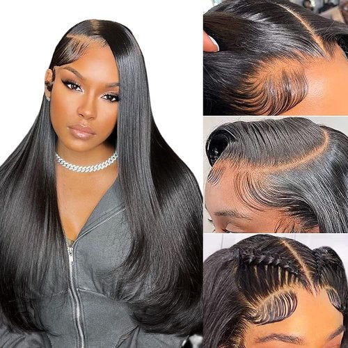 Ossilee Straight Lace Front Wigs Human Hair Pre Plucked 180% Density 13x4 HD Transparent Lace Frontal Wigs for Black Women Glueless 10A Brazilian Virgin Human Hair Wig Natrual Hairline(16 Inch)