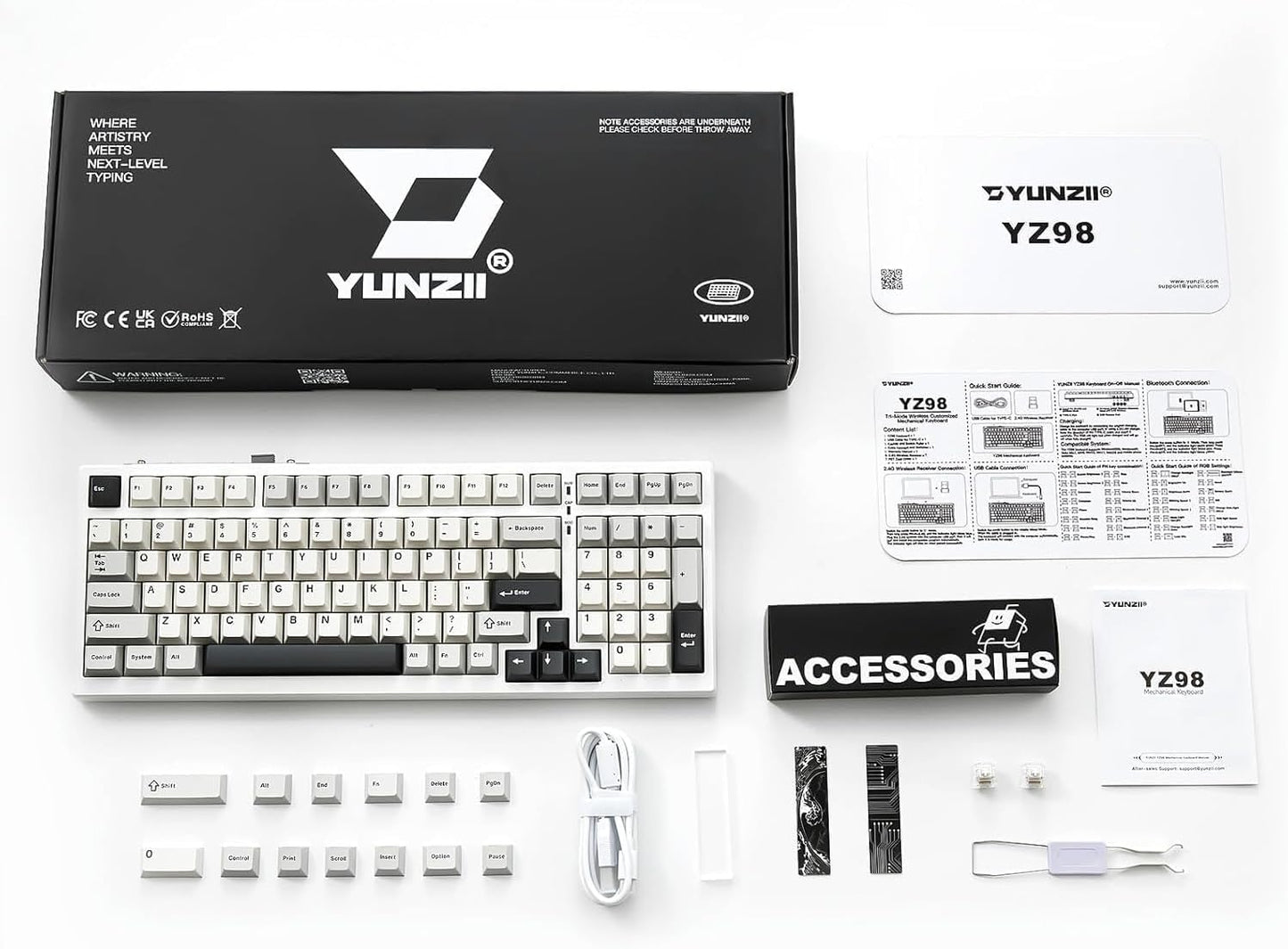YUNZII YZ98 Gasket Mechanical Keyboard,99 Key Hot Swappable BT5.0/2.4G/USB-C Wireless NKRO 98% 1800 Layout with RGB LED Backlit for Linux/Win/Mac(Black, Cocoa Cream V2 Switch)
