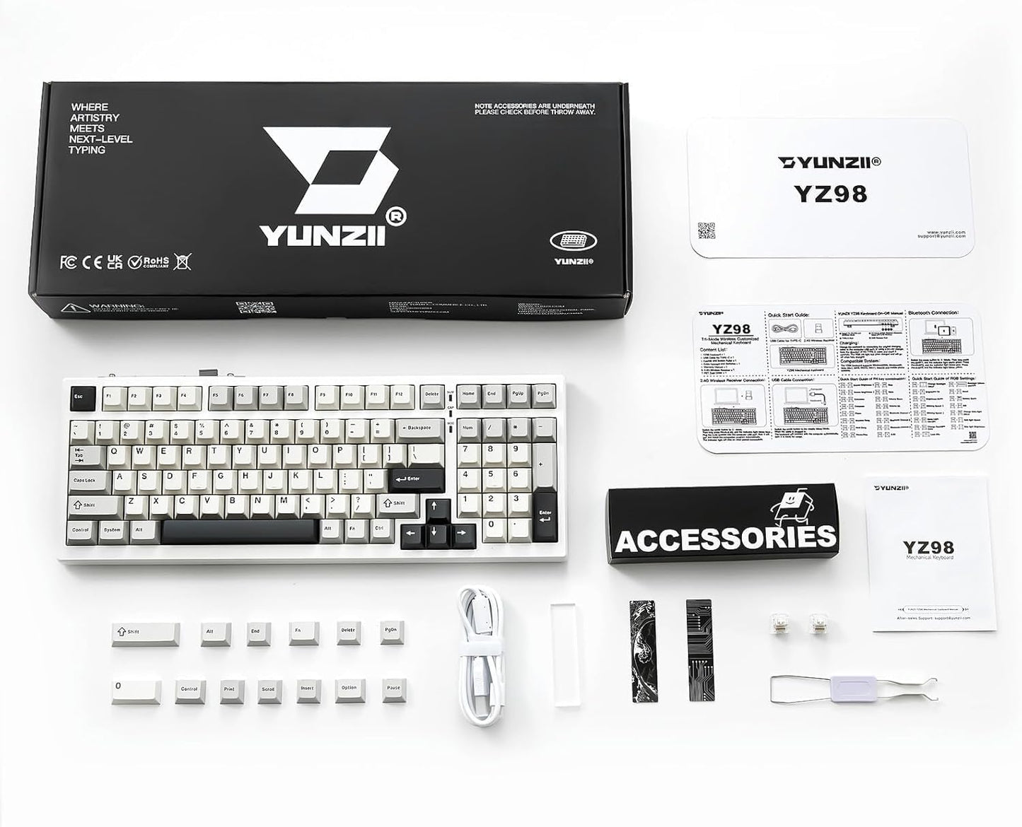 YUNZII YZ98 Gasket Mechanical Keyboard,99 Key Hot Swappable BT5.0/2.4G/USB-C Wireless NKRO 98% 1800 Layout with RGB LED Backlit for Linux/Win/Mac(Milk Switch, White)