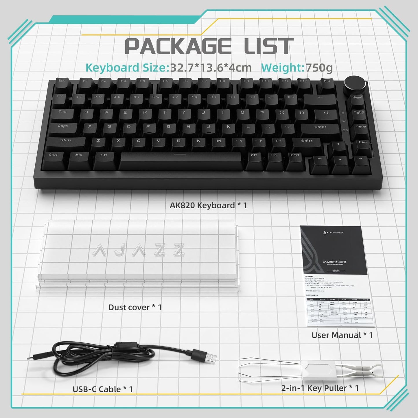 Attack Shark ajazz AK820 Pro 75% Mechanical Keyboard and Coiled Cable Hot Swappable Wireless 2.4GHz/Bluetooth/Wired TFT Screen & Knob Flying Fish Switch RGB Gasket Mount Custom Keyboard-Black
