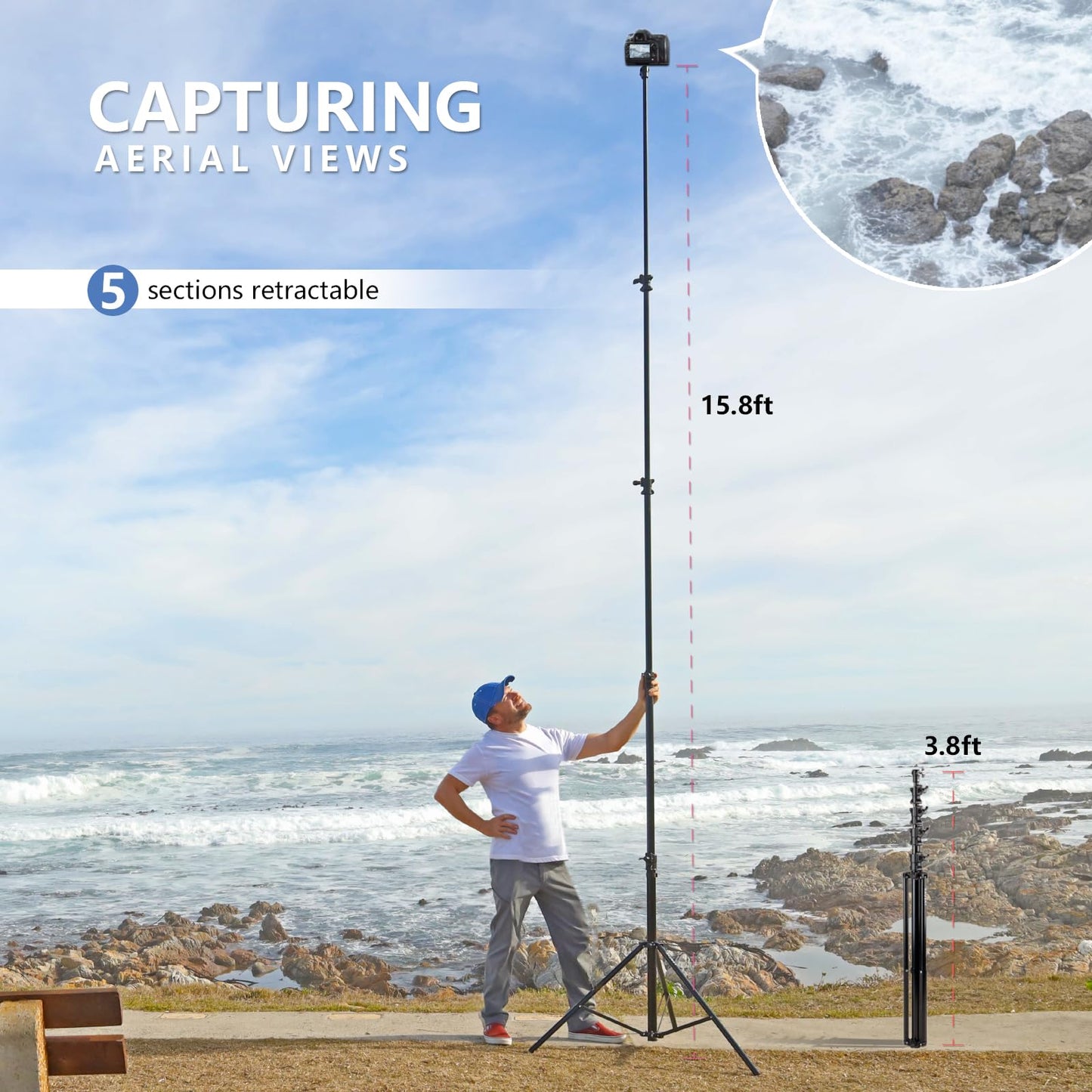 【16' Heavy Duty】 RAUBAY Extreme Tall Video Camera Sports Tripod Stand Air-Cushioned Telescoping Aluminium Alloy Light Stand with 1/4"& 3/8" Screw Adapter, Professional Sky High Tripod - TT480 Black…