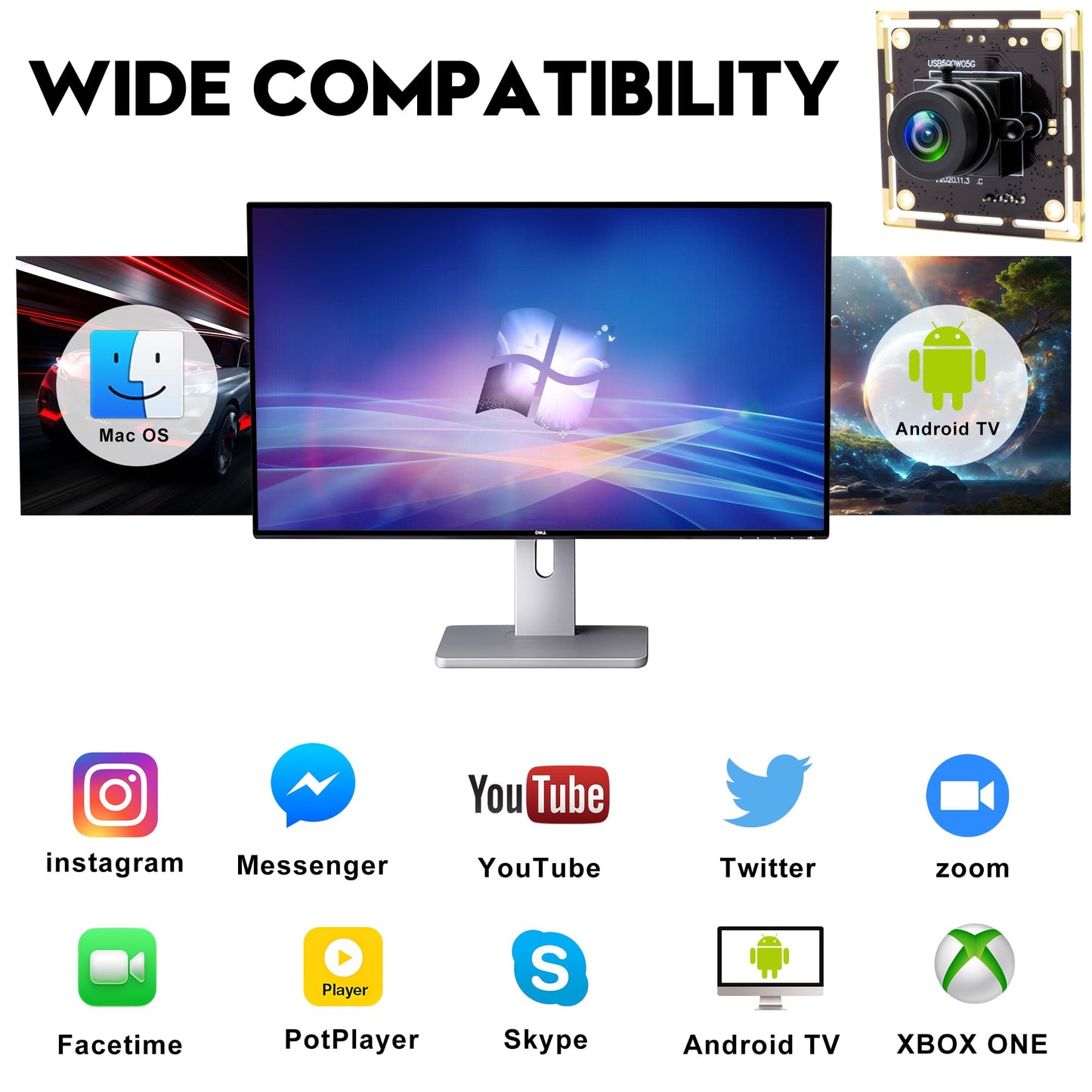5MP USB Camera Module, 2.1mm Wide Angle Lens - 2592x1944 CMOS Sensor, Plug & Play Industrial Webcam for Machine Vision, Inspection, Monitoring - Compatible with Windows, Linux, macOS, Raspberry Pi