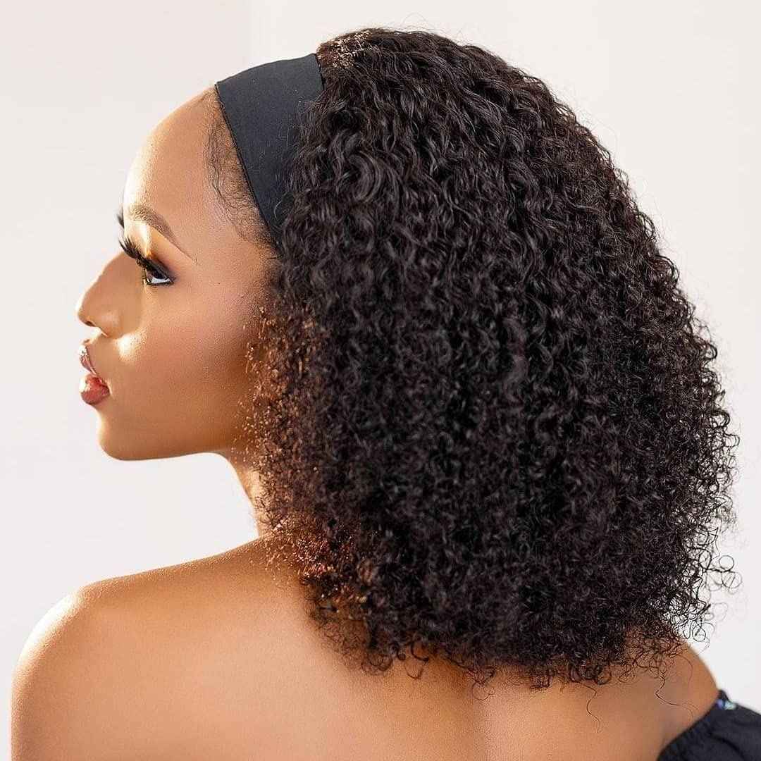 Kinky Curly Human Hair Headband Wig Non Lace Front Wigs for Black Women 150% Density Brazilian Virgin Human Hair Machine Made Wig Natural Color (Headband Wig, 26inch)