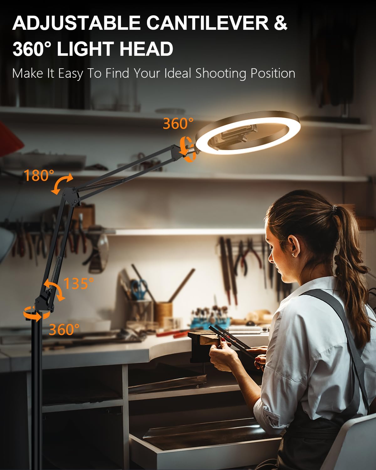 10" Ring Light Tripod for iPhone Overhead Phone Mount Holder, Flexible Ring Light with Stand - LED CRI >95 & Adjustable 70" Height, Phone Stand for Recording Video Camera Selfie Vlog TikTok YouTube