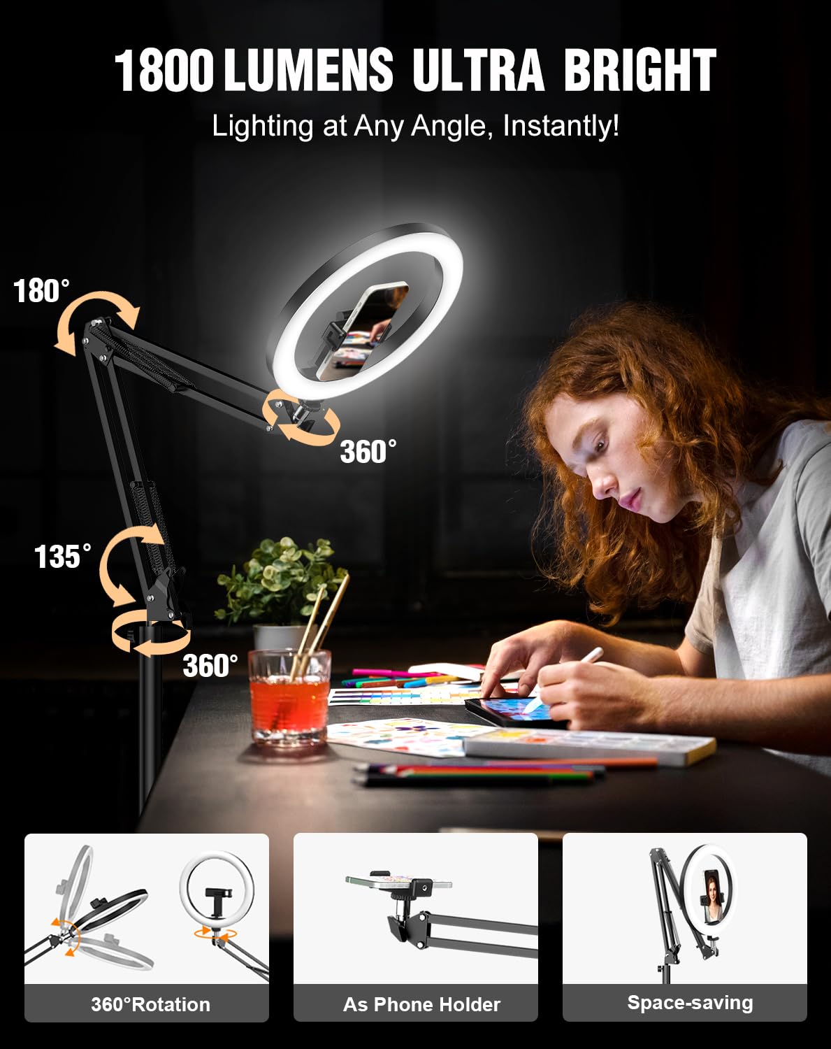 1800 Lumens Ring Light Tripod for iPhone – Upgrade 10” Overhead Light with Stand & Remote, 2X Brighter Lighting for Video Recording, TikTok, YouTube, Streaming & Content Creator Essentials