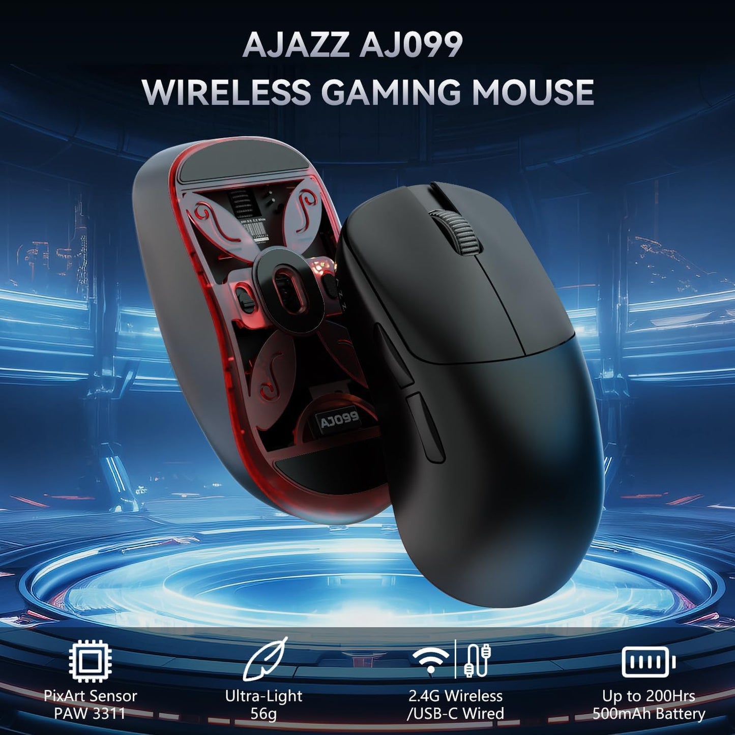 Ajazz AJ099 Superlight Wireless Gaming Mouse, Ergonomic 54g Ultra Lightweight 2.4Ghz/Wired Computer Mouse, PAW3311 12000 DPI Optical Sensor, 200Hrs Battery Programmable Buttons for Win/MAC PC Gamers