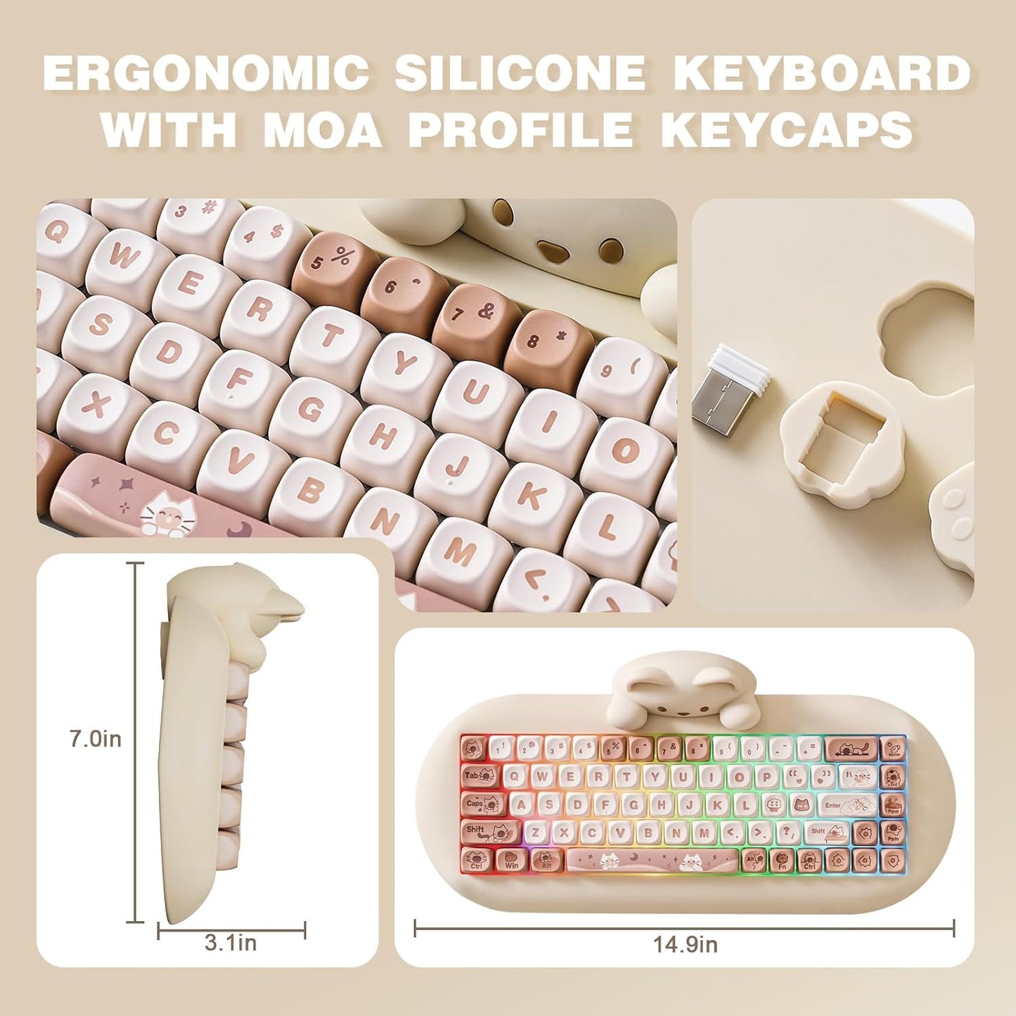 YUNZII C68 Wireless Mechanical Keyboard,65% Layout,Hot Swap,Triple Mode BT5.0/2.4G/Wired, RGB Backlit NKRO,Cute Cat Silicone Ergonomic Design for Win/Mac(Brown, Cocoa Cream V2 Switch)