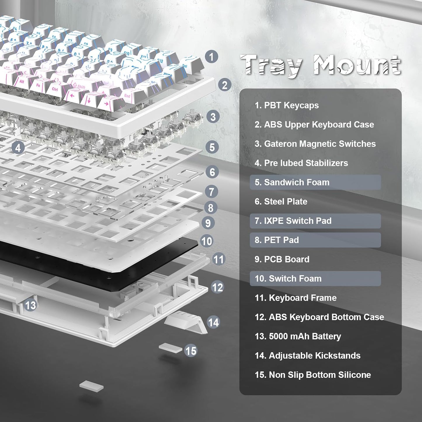 YUNZII RT80 Rapid Trigger Hall Effect Magnetic Gaming Keyboard,8K Polling Rate,75% Layout,BT/2.4GHz/Wired,RGB Backlit,Gasket Hot Swap,Adjustable Actuation for Win/Mac (White Line, Gateron White)