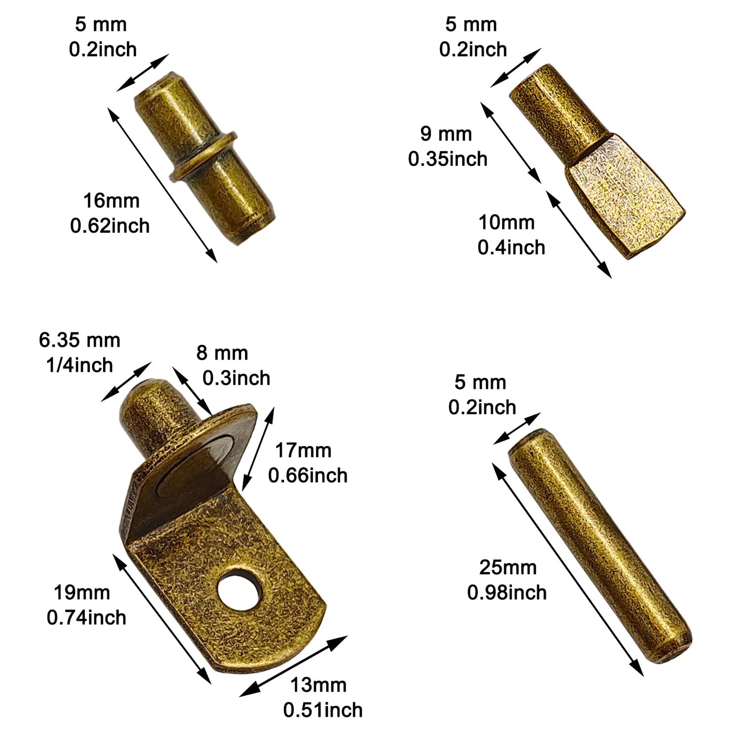 104Pcs Shelf Pins Pegs Kit,4 Styles Shelf Support Pegs,Bookshelf Pegs for Shelves,Cabinet Shelf Bracket Pegs Shelf Holders Pins for Kitchen Furniture & Closet (5mm & 1/4inch,Bronze Tone)
