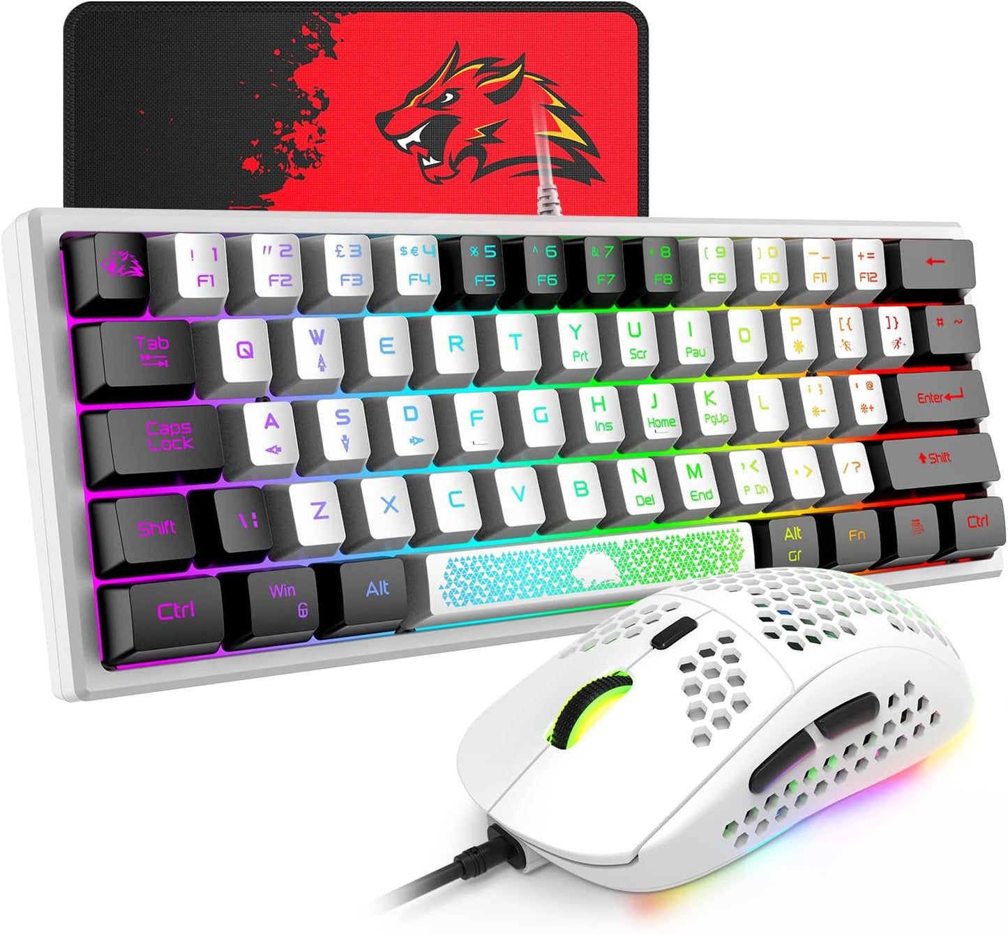 60% Gaming Keyboard and Mouse Combo Small Mini RGB Backlight Mechanical Feeling and Mechanical RGB 6400 DPI Honeycomb Optical Mouse,Gaming Mouse pad for Gamers and Typists Black
