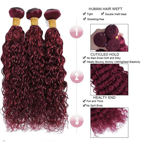 Fabimiya Human Hair Bundles Burgundy 99J Water Wave 14 16 18 Inch Bundles Human Hair 100% Unprocessed Burgundy Soft Sewn In Hair with Double Weft for Black Women