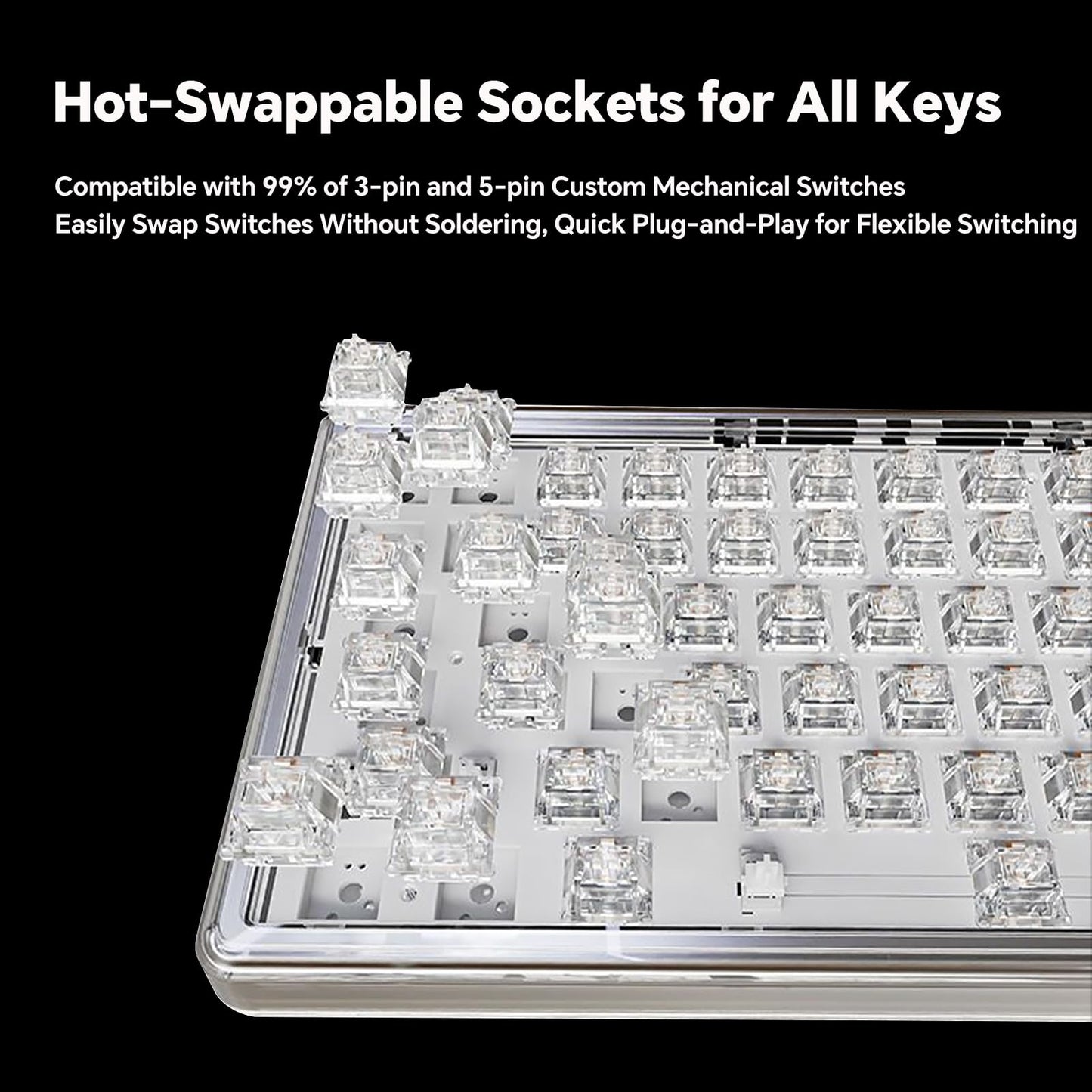 Adventurers V82 Transparent Mechanical Keyboard - Hot-Swappable RGB Gaming Keyboard, 75% Layout & Clear PC Keycaps, Bluetooth/2.4G/Wired Triple-Mode for Windows/Mac(Crystal Clear Switch,White)