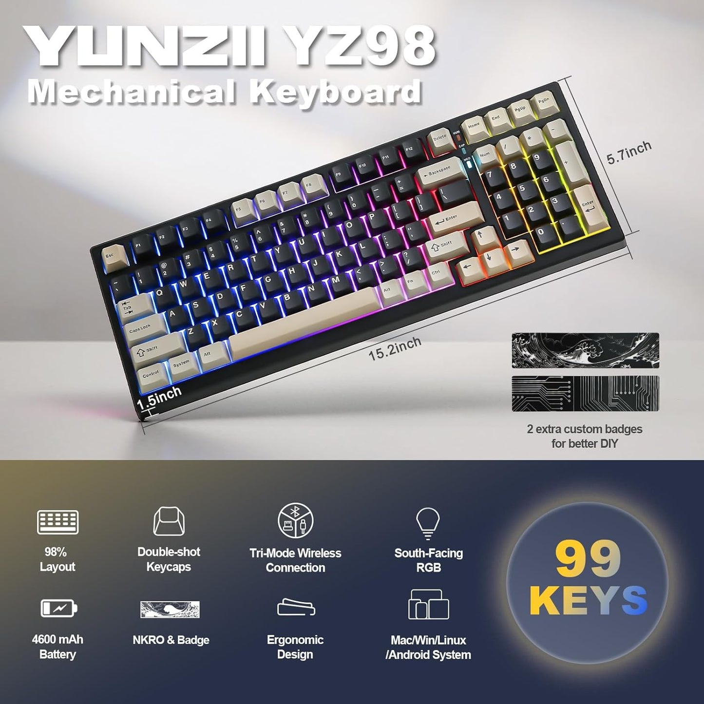 YUNZII YZ98 Gasket Mechanical 99 Key Hot Swappable Keyboard(Milk Switch, Black), Spring Tea Dye Sub PBT Keycaps(Cherry Profile, Spring Tea)