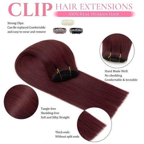 Human Hair Clip in Extensions Burgundy Clip ins 100% Brazilian Remy Real Human Hair Extension for Women 3.9oz/110g 8pcs Per Set with 18 Clips Double Weft (22 Inch #99J)