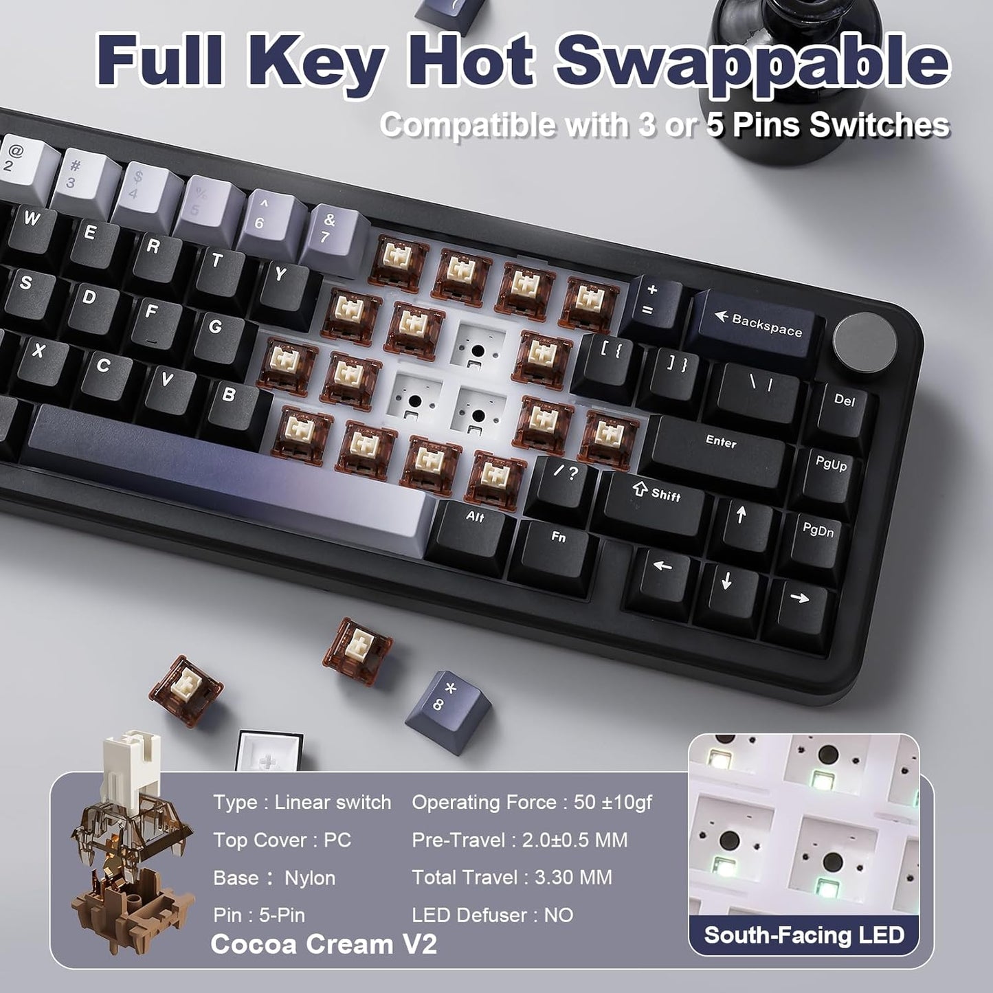 YUNZII B68 Wireless Mechanical Keyboard,Tri-Mode BT5.0/2.4GHz/USB-C,Cute PBT Keycaps,Hot Swappable Creamy Typing Gasket Mounted,RGB Backlit NKRO for Win/Mac (Pink, Cocoa Cream V2 Switch)