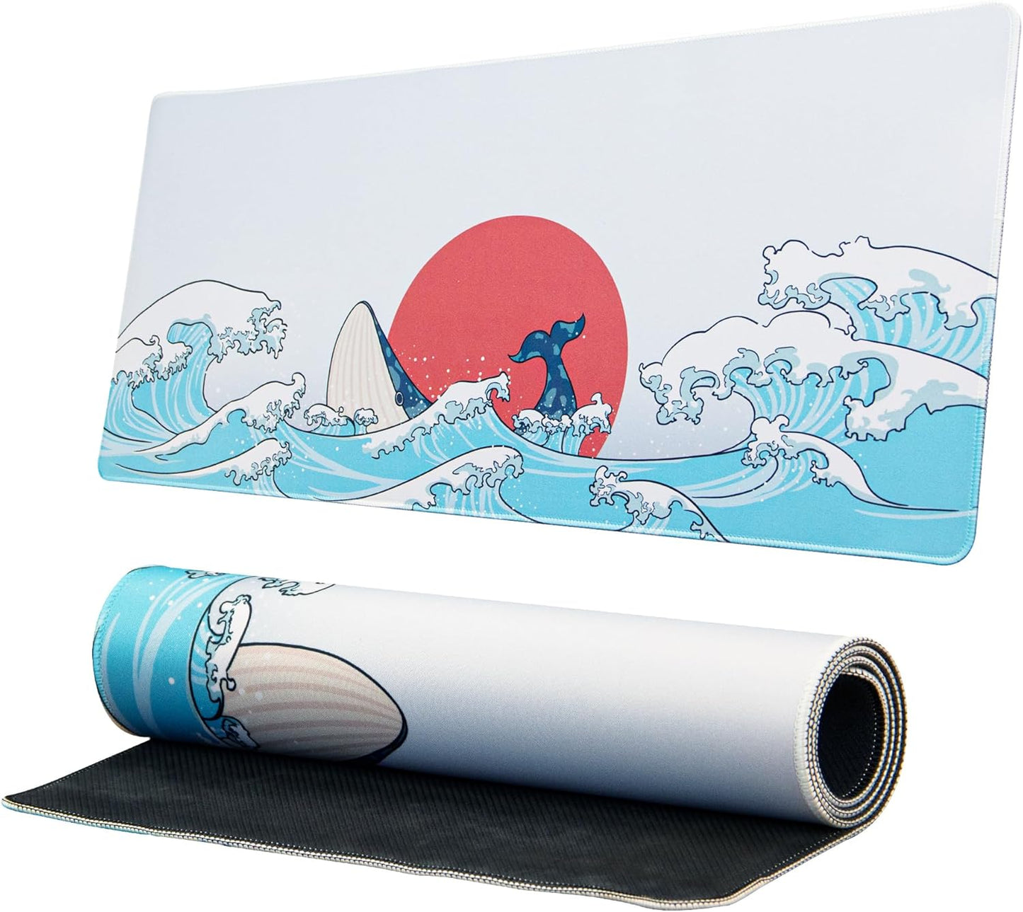 XVX Japanese Sea Wave Large Mouse Pad for Desk, Desk Mat with Seamed Edges, Waterproof Desk Pad, Gaming Mouse Pad Non-Slip Rubber Base, 31.5x11.8 Inch 3mm Thick Keyboard Pad Computer Mat, Kanagawa