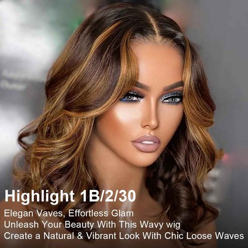 RECOOL Highlight Wig Human Hair Loose Body Short Bob Wig Human Hair Ombre Short Bob Wigs For Black Women 5x6 HD Glueless Wigs Human Hair Pre Plucked Pre Cut Bleached Knots 1B/2/30 Mixed Color Wig
