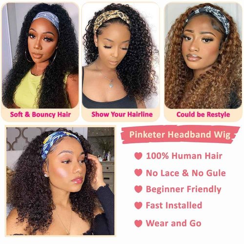 Kinky Curly Human Hair Headband Wig Glueless Non Lace Front Wig Human Hair Wigs for Black Women Natural Color Machine Made (Headband Wig, 22inch)