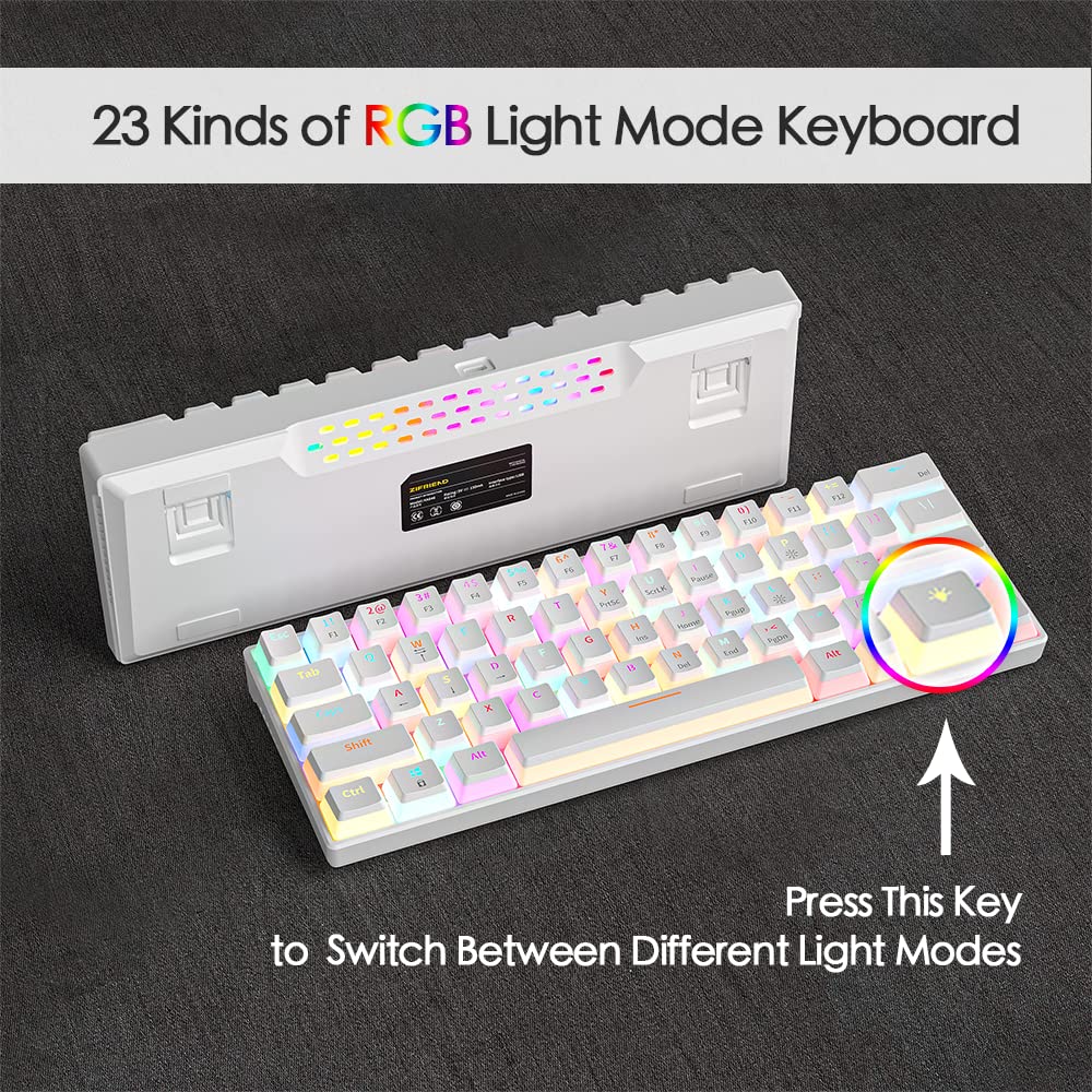 abucow Mechanical Keyboard Wired 60% Gaming Keyboard with 18 Style Colorful RGB Backlit Custom 63 Swappable keycaps (White&RGB)