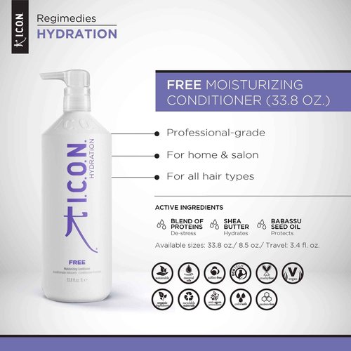 K I.C.O.N. I.C.O.N. Free Moisturizing Conditioner, Salon-Quality Hair Care, 33.8-Ounce Bottle