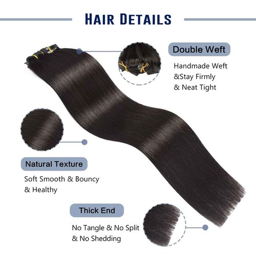 Sunya Clip in Hair Extensions Real Human Hair Natural Black Human Hair Clip in Extensions Double Weft Straight Hair 16 Inch #1B 8Pcs/120g