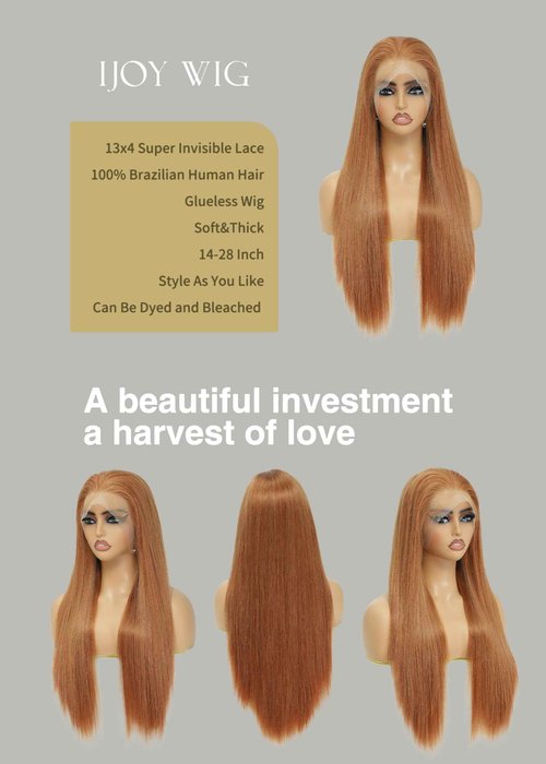 ijoy Light Brown 180% Density 13x4 Lace Front Wigs Human Hair Ginger Brown Straight Wig Pre Plucked with Baby Hair For Women 20 Inch