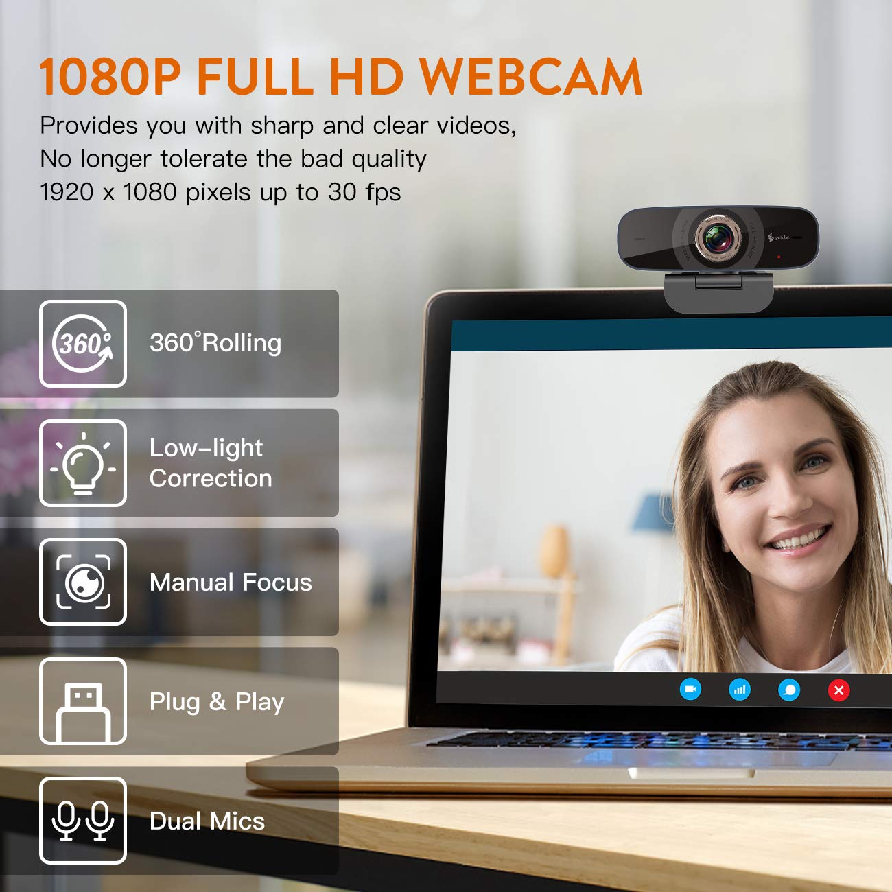 Angetube 1080P Webcam with Microphone, Streaming HD Web Camera 100° Wide-Angle View Web Cam Compatible with Windows Android iOS Linux for Skype Facebook Xbox one for Desktop Computer PC Mac