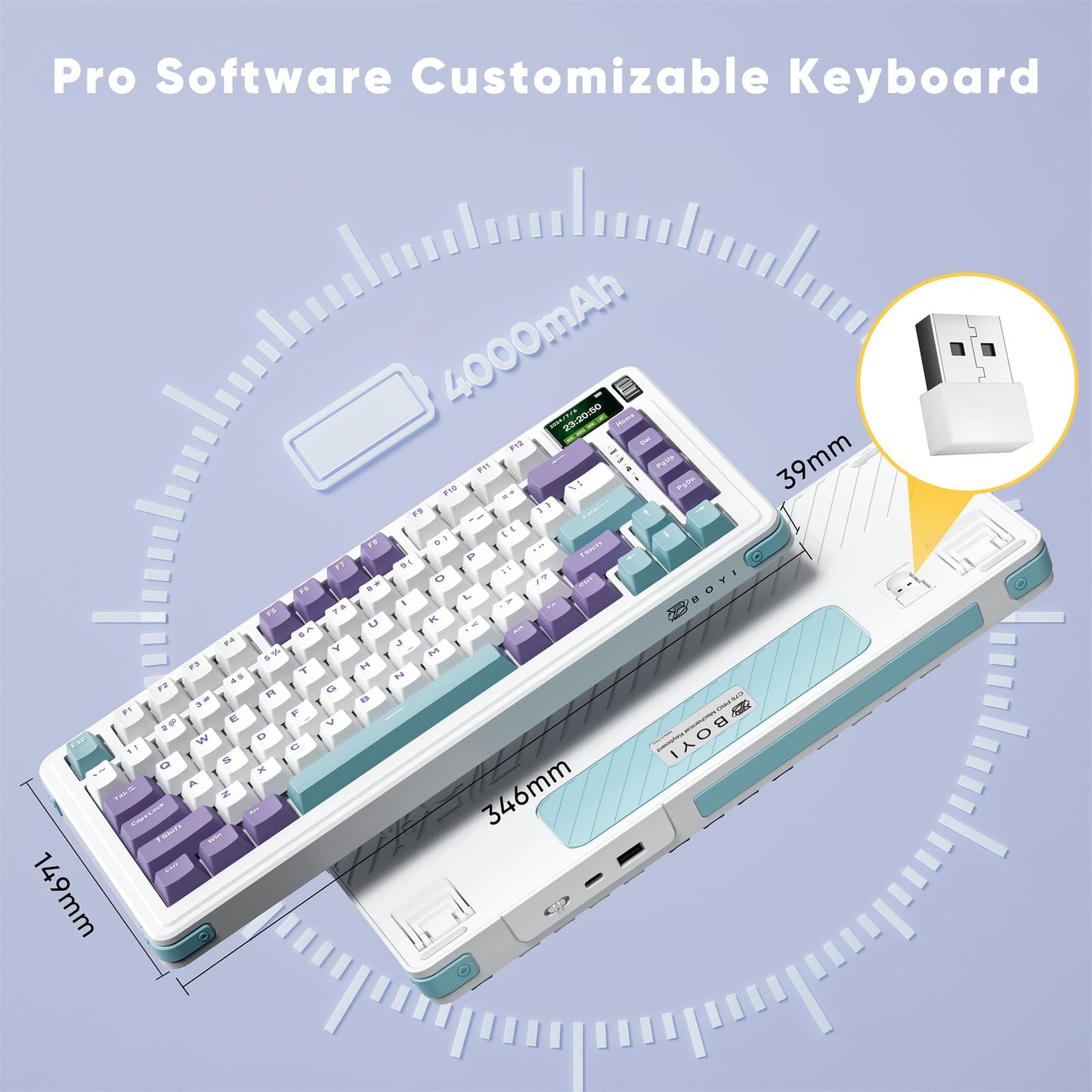 ZMX C75Pro TKL Gaming Keyboard,Hot Swap Gasket-Mounted Wireless Bluetooth 5.0/2.4G Type-C Wired Custom RGB Mechanical Keyboard with Screen&Knob for PC/Mac Gamer (Purple-White)