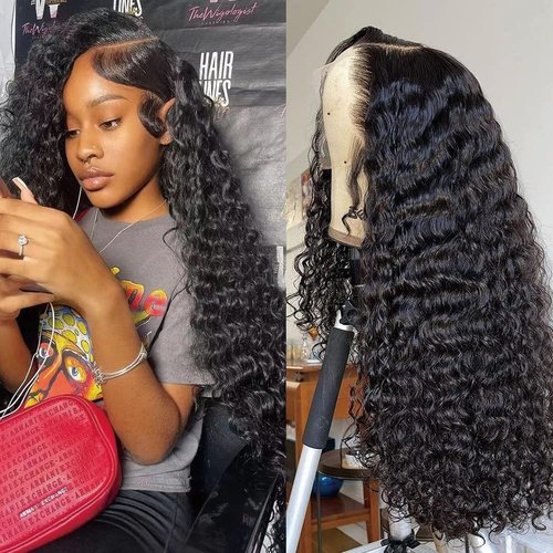 13x4 Lace Front Wigs Human Hair 200 Density Deep Wave Wigs Pre Plucked with Natural Baby Hair for Women HD Transparent Lace Frontal Wigs Brazilian Virgin Deep Curly Wigs Natural Hairline 18 inch