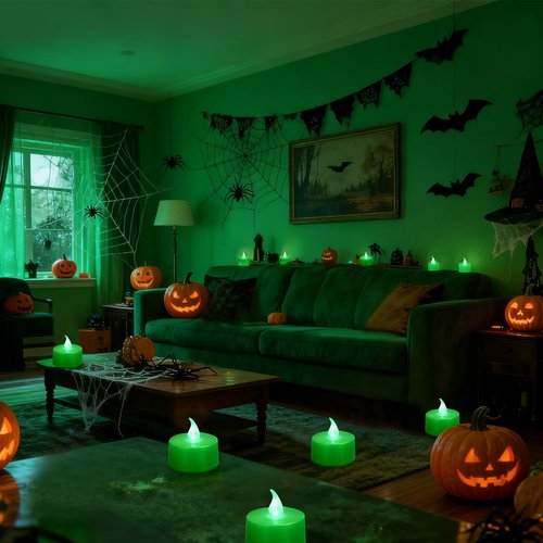 KOABY 12 Pack Green Light Non-Flickering Flameless Tea Lights, Green Base, Last 100H+, Battery Operated Tea Lights for Decor