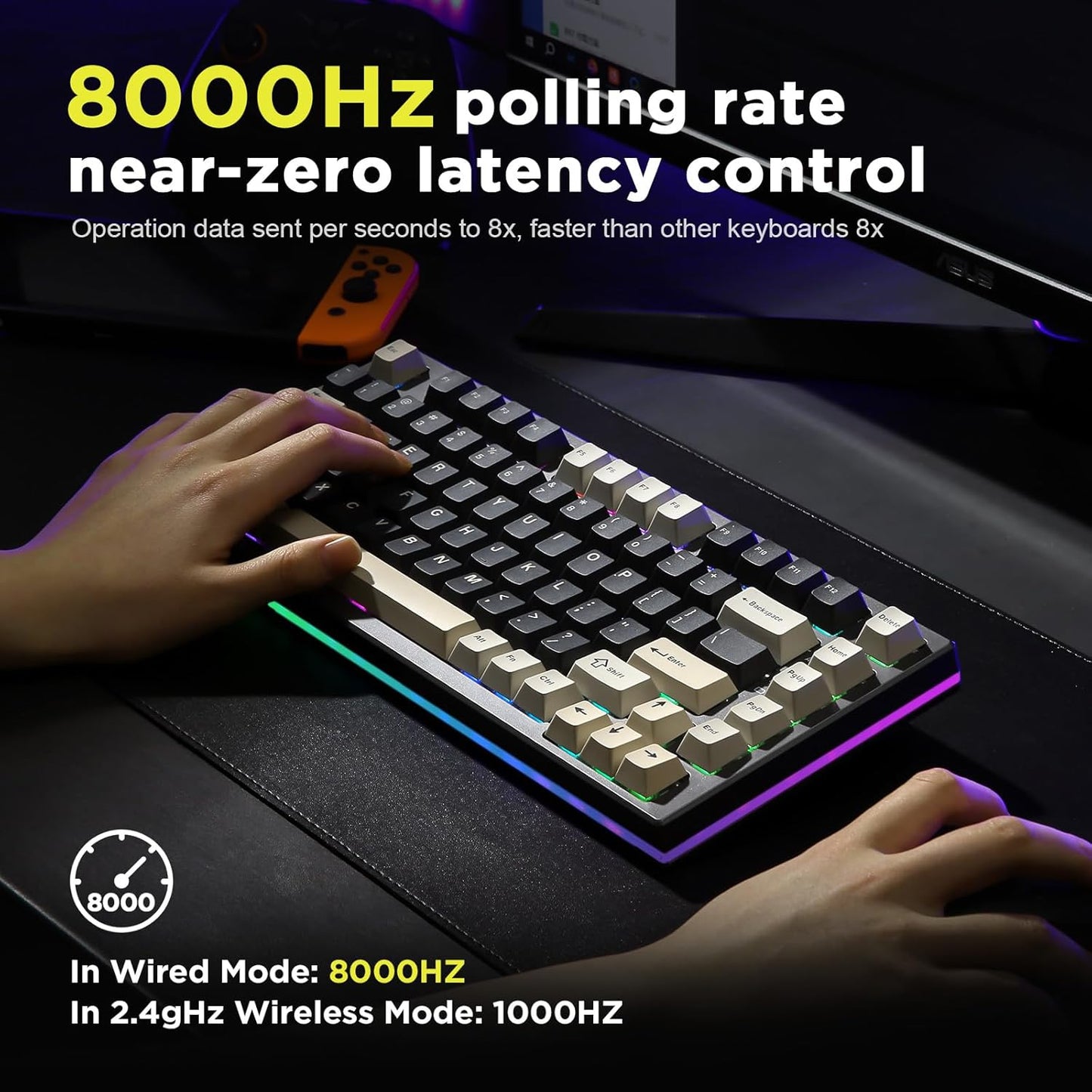 YUNZII RT80 Rapid Trigger Hall Effect Magnetic Gaming Keyboard, 8K Polling Rate, 75% Layout,BT/2.4GHz/Wired,RGB Backlit,Hot Swap,Adjustable Actuation Wireless for Win/Mac(Black, Gateron White)